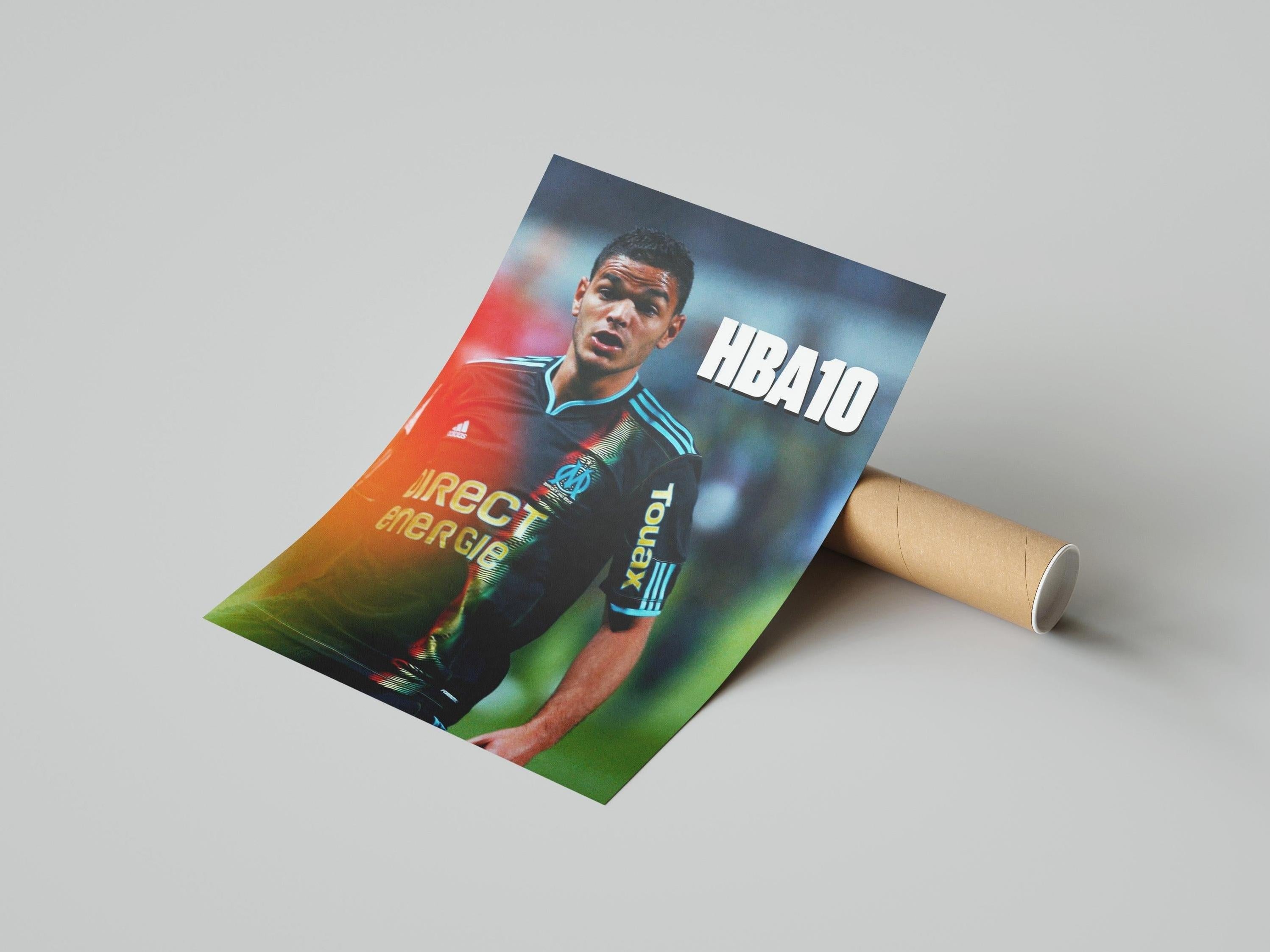 The Ben Arfa x Marseille Poster by Retro1999 shows Hatem Ben Arfa in a dark Marseille jersey with bold HBA10 text, looking focused against a blurred stadium background. Rolled format.