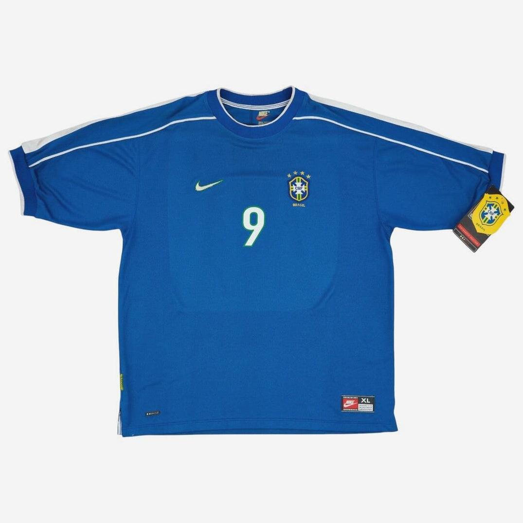 Retro1999s Brazil 1998 Away Shirt features a blue retro design with number 9, white shoulder trim, XL size tag at the bottom, team crest, and a Brazil tag on the left sleeve.