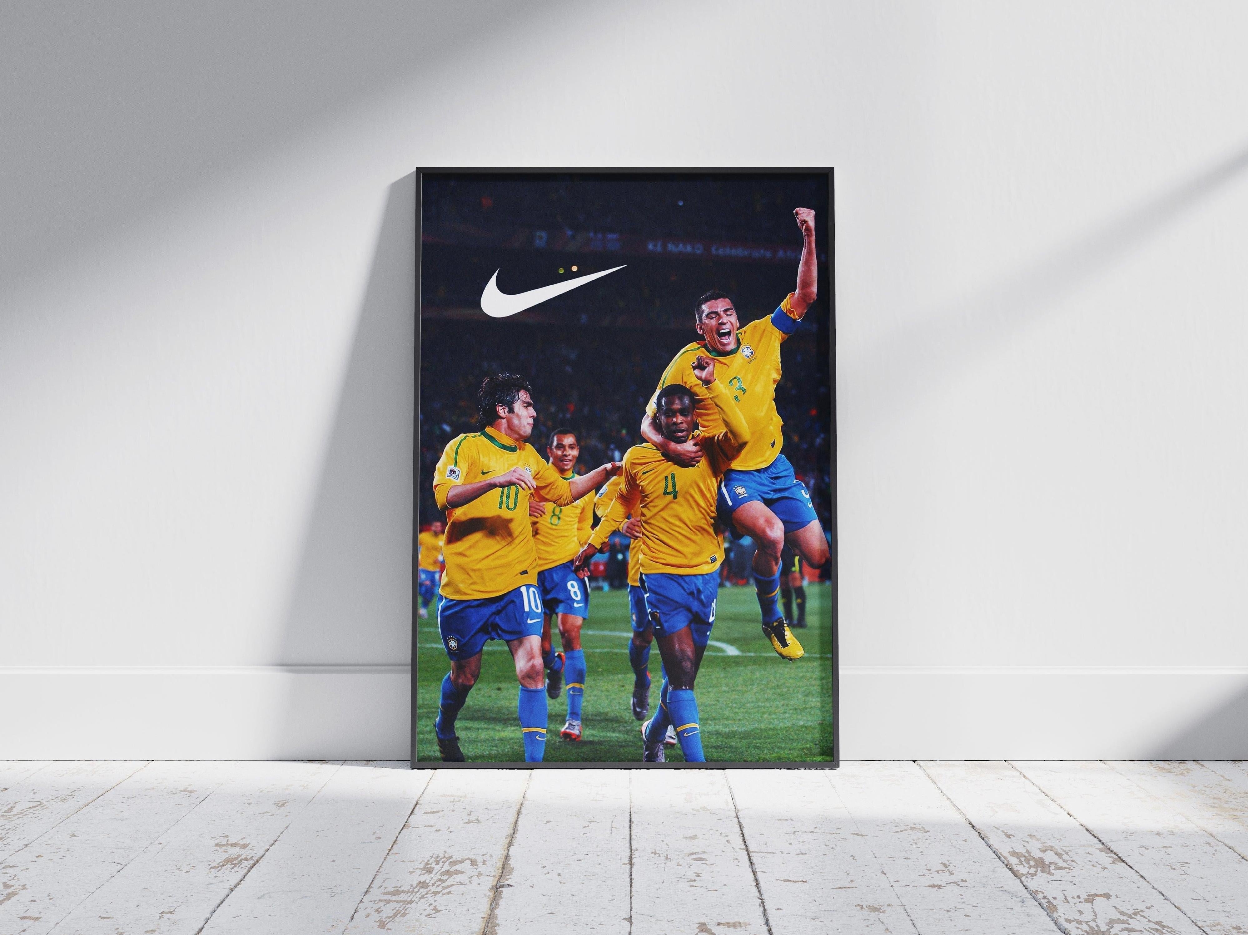 The Retro1999 Brazil 2010 World Cup Poster features four Brazilian football stars in yellow jerseys celebrating on the field, one leaping, with the Nike logo at top left.