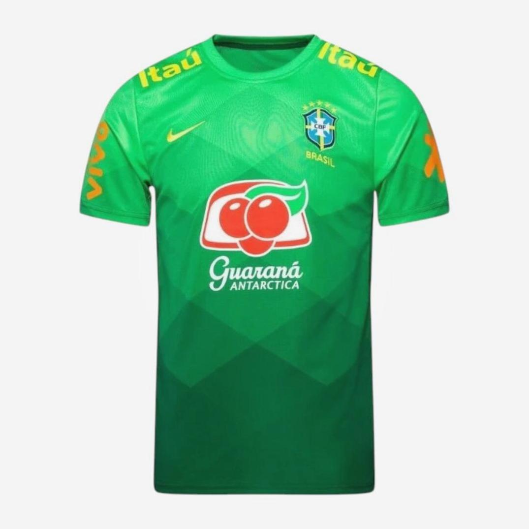 The Brazil 2021 Training Shirt by Retro1999 is a green top for the Brazilian national team, showcasing the team crest plus Guaraná Antarctica, Itaú, and Vivo sponsor logos on the shoulders and sleeves.