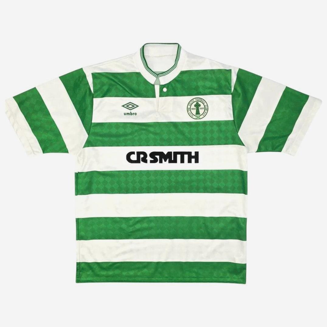 The Retro1999 Celtic 1987-89 Home Shirt features classic green and white hoops, a collar, Umbro logo, Celtic badge, and CR SMITH sponsor—ideal for fans seeking  retro style.
