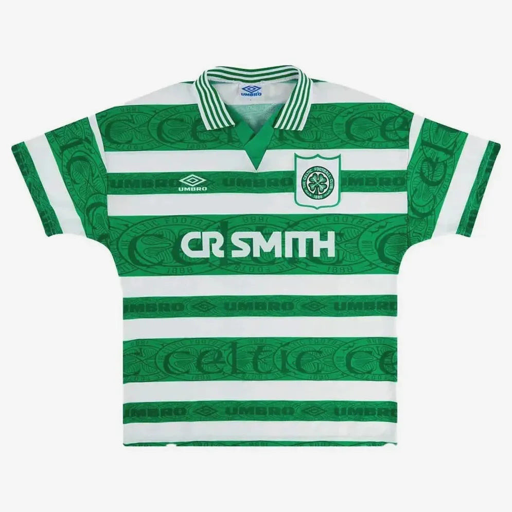 The Retro1999 Celtic 1995-97 Home Shirt features green and white stripes, short sleeves, Umbro logo, CR Smith sponsor, and the club crest—classic patterned bands and a traditional collar for true Scottish Football fans.