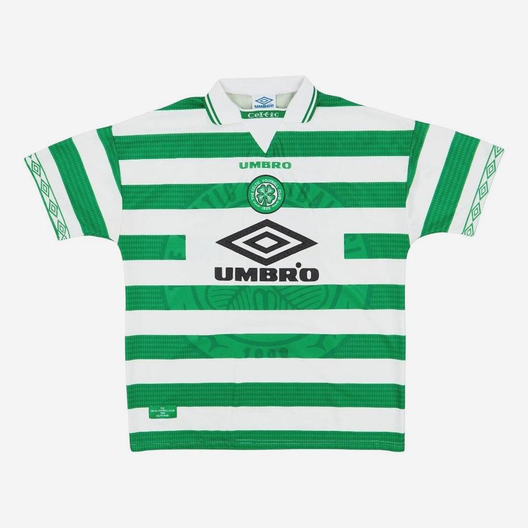 The Retro1999 Celtic 1998-99 Home Shirt features green and white stripes, a collar, short sleeves with patterned cuffs, “Umbro” logos, and a Celtic crest—showcasing subtle roundel detailing for true club pride.