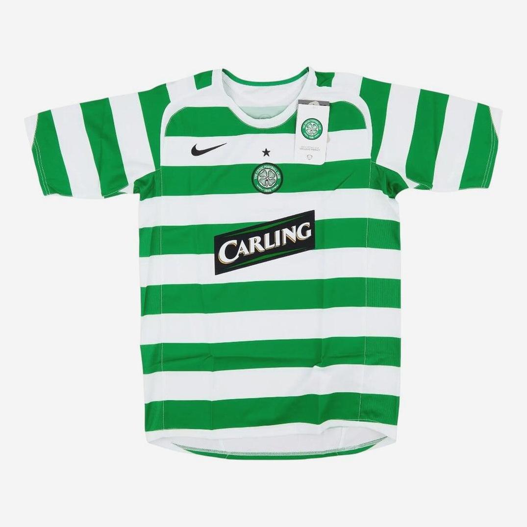 The Celtic 2005-06 Home Shirt by Retro1999 features classic green and white hoops, black Nike logo, Carling sponsor, and club badges on the chest, all displayed against a plain white background—an iconic kit for any fan.