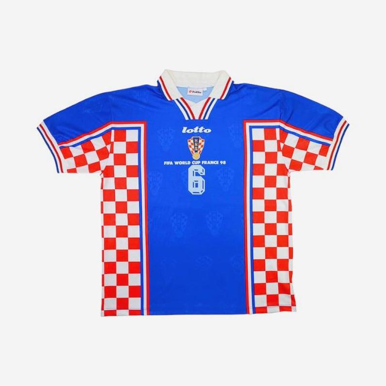 The Retro1999 Croatia 1998 Away Shirt is a blue World Cup kit with red and white checkerboard sides, a white collar, and number 8 on the front—a classic tribute to Croatian football history.