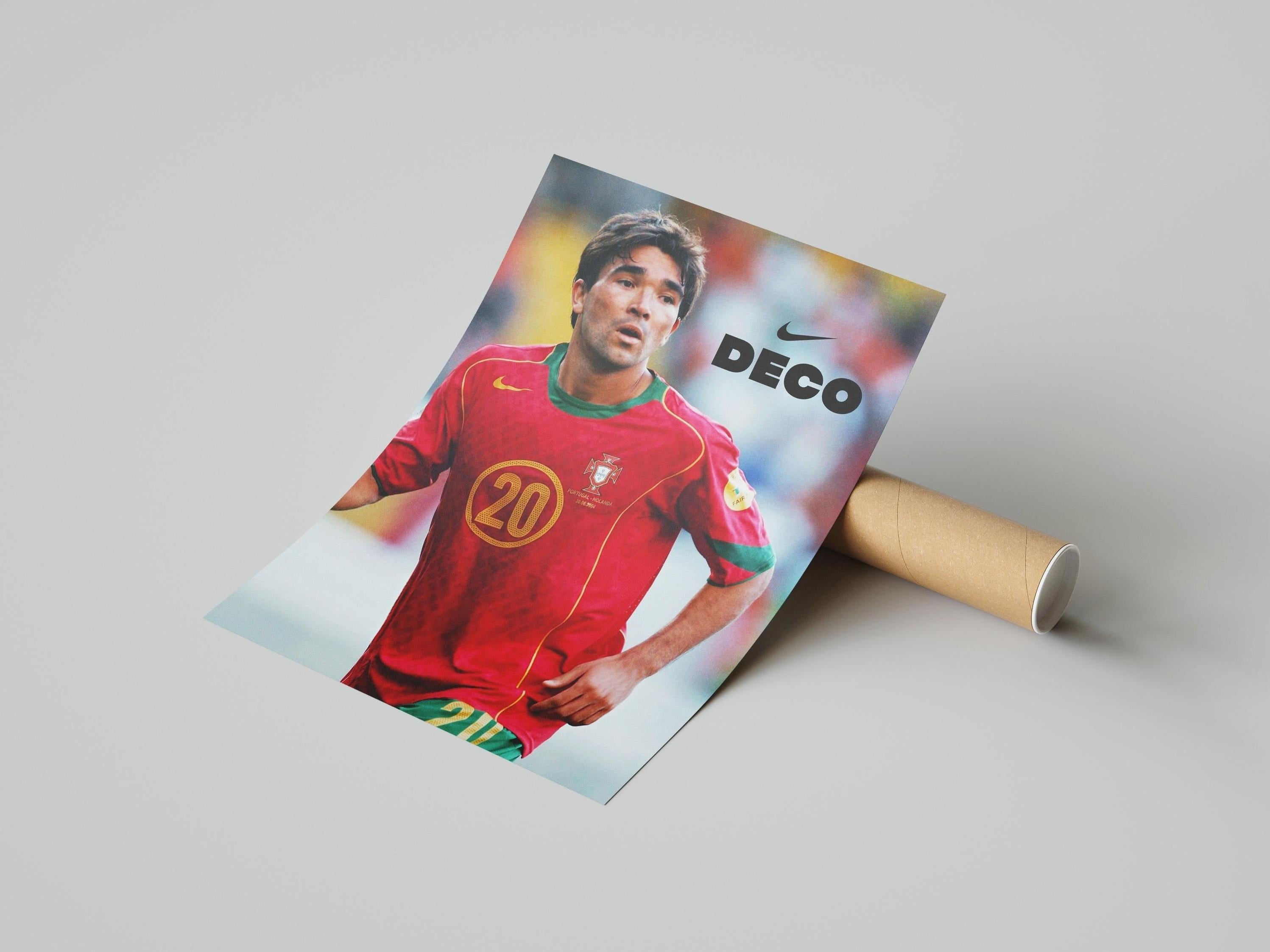 The Deco x Portugal 2004 Poster by Retro1999 features Deco in a red #20 jersey with DECO and a Nike logo on a light background—ideal for UEFA Euro 2004 fans. Rolled for safe delivery.
