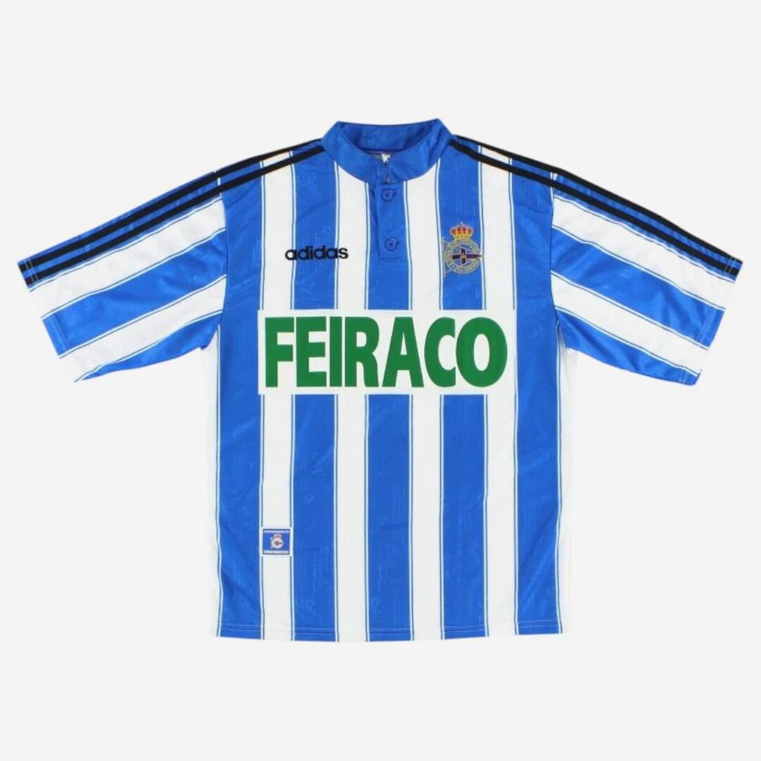 The Retro1999 Deportivo 1997-98 Home Shirt features blue and white stripes, black Adidas logo and shoulder stripes, FEIRACO sponsor in green, and a crowned shield crest—an iconic retro kit from a memorable La Liga season.