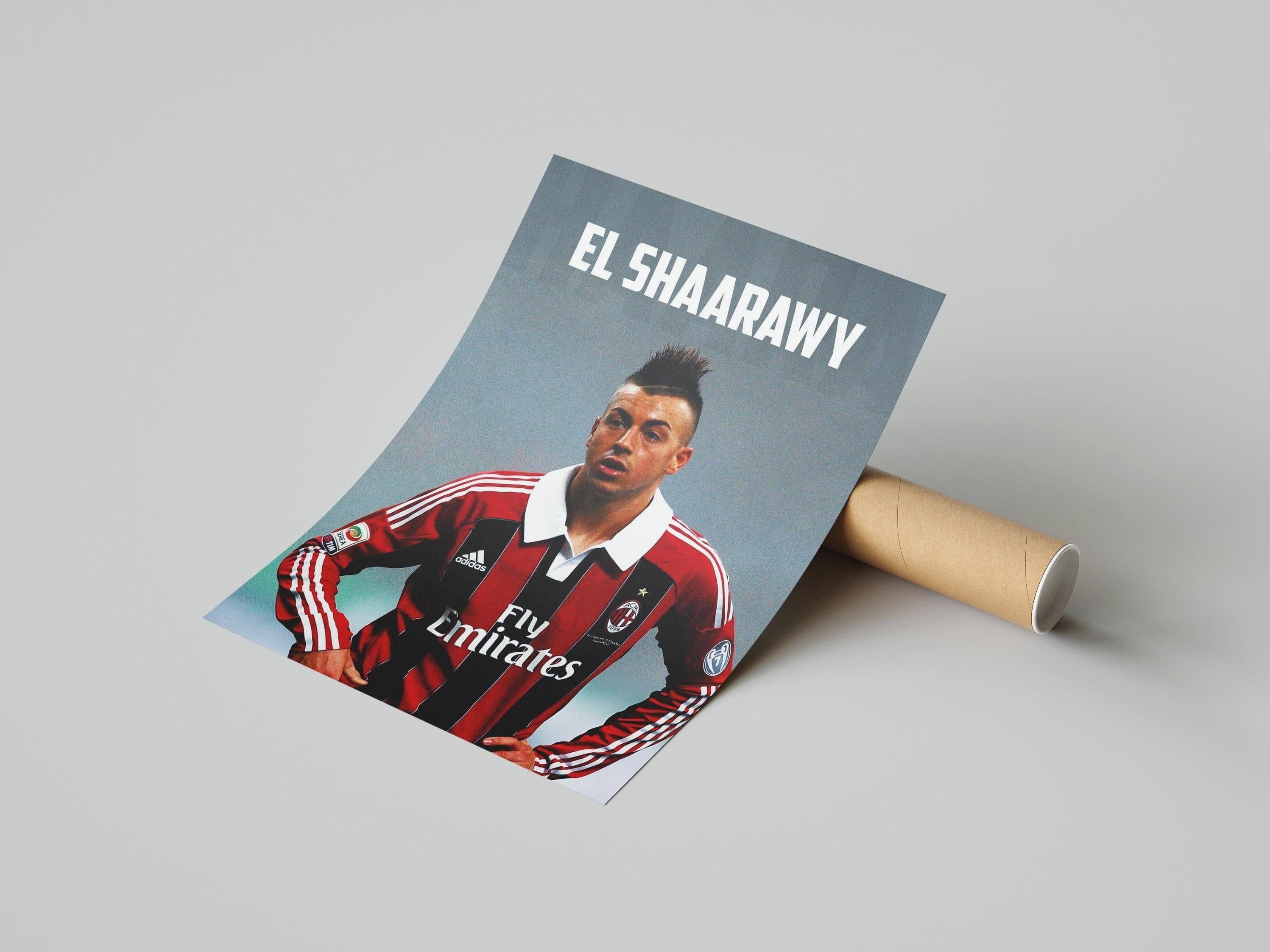The Retro1999 El Shaarawy x AC Milan Poster displays Stephan El Shaarawy in his AC Milan jersey on a gray background, with EL SHAARAWY boldly at the top—perfect for fans honoring his legacy at San Siro.