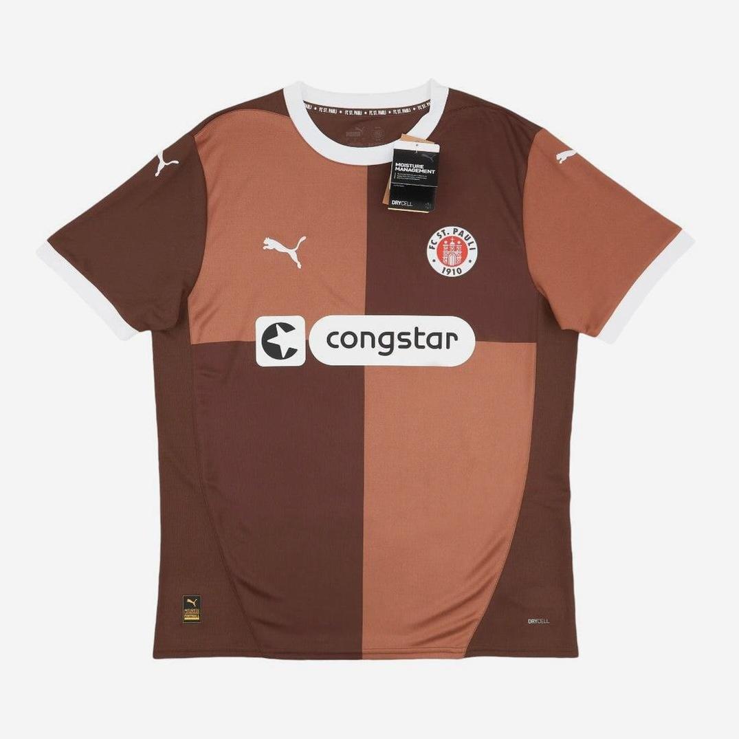 The Retro1999 FC St. Pauli 2024-25 Home Shirt features dark and light brown quarters, white Puma logos on the chest and sleeves, the team crest, and a congstar sponsor logo for a classic retro look.