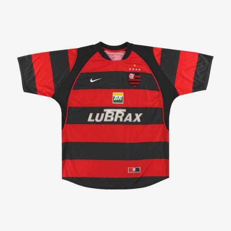 The Retro1999 Flamengo 2003-04 Home Shirt features red and black stripes with the club crest, three gold stars, Nike logo, and LUBRAX sponsor—a classic retro kit inspired by Campeonato Brasileiro Série A glory.