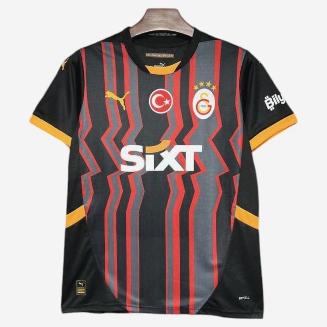 The Galatasaray S.K. 2024-25 Third Shirt by Retro1999 features black fabric, red and yellow zigzag stripes, yellow sleeve accents, team crest with three stars, Turkish flag, SIXT sponsor logo, and Puma branding for a retro-inspired look.