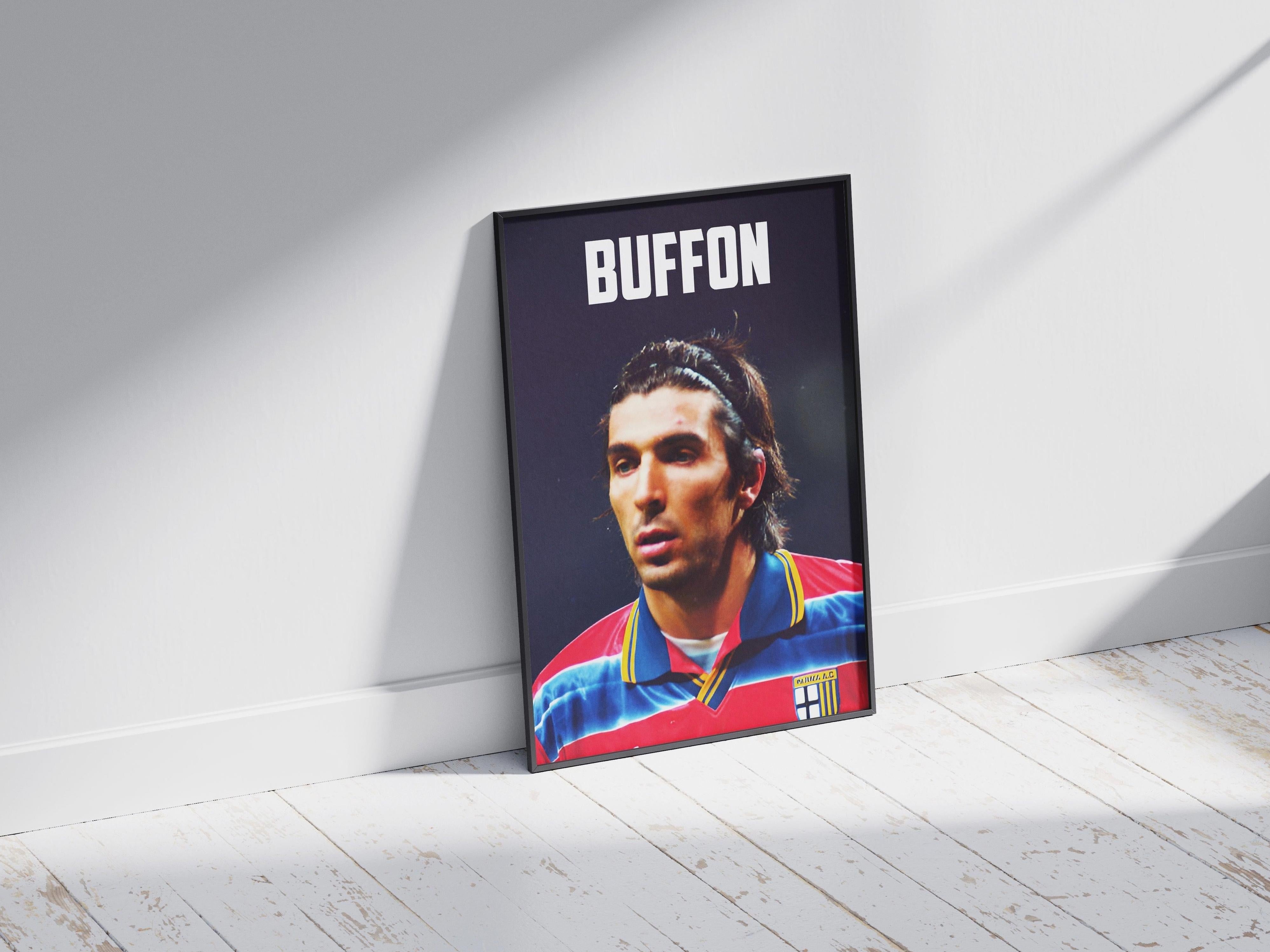The Gianluigi Buffon x Parma Poster by Retro1999 features the legendary goalkeeper in a red and blue kit with BUFFON at the top, framed and leaning against a white wall—a must-have for football history fans.