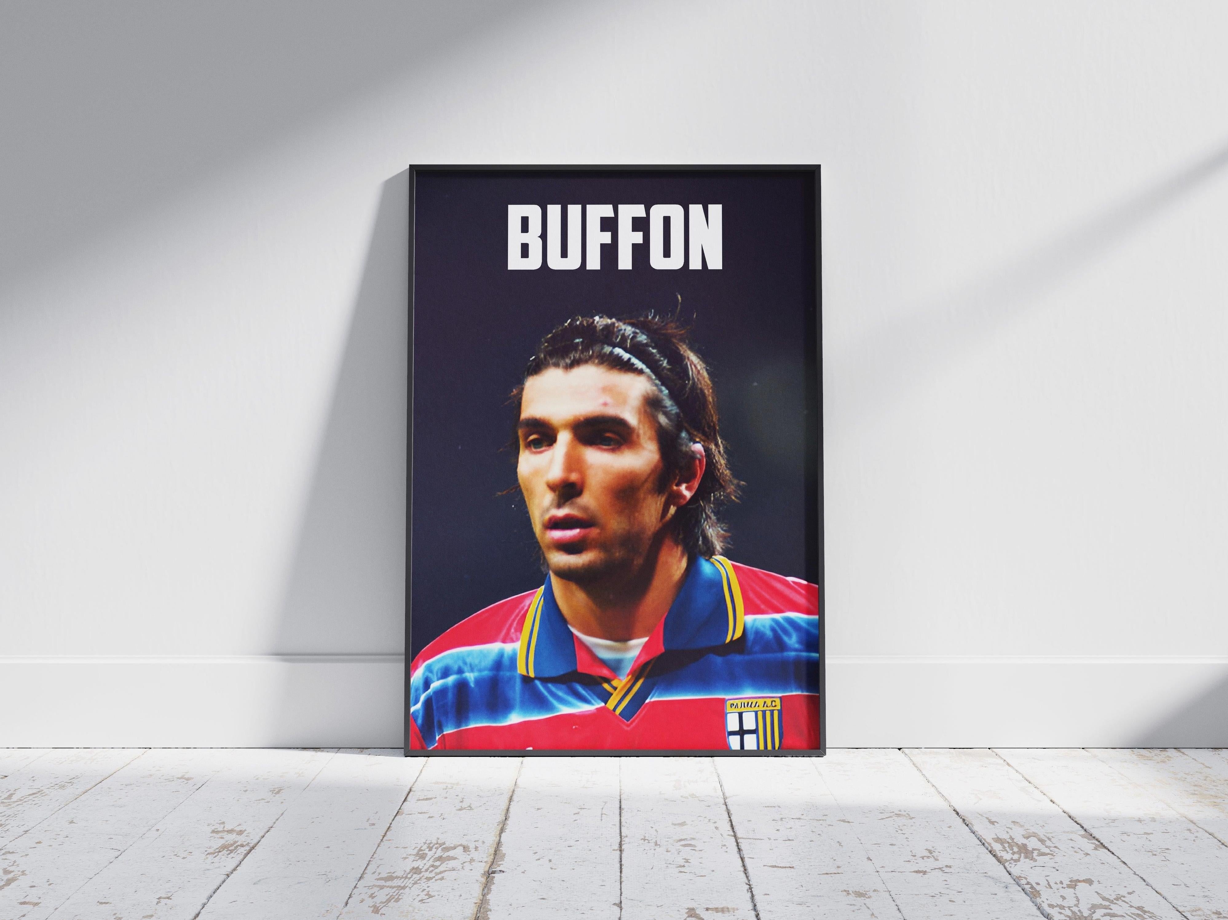 The Gianluigi Buffon x Parma Poster by Retro1999 features the legendary goalkeeper in a colorful jersey with BUFFON above, framed and leaning against a white wall on a light wooden floor.