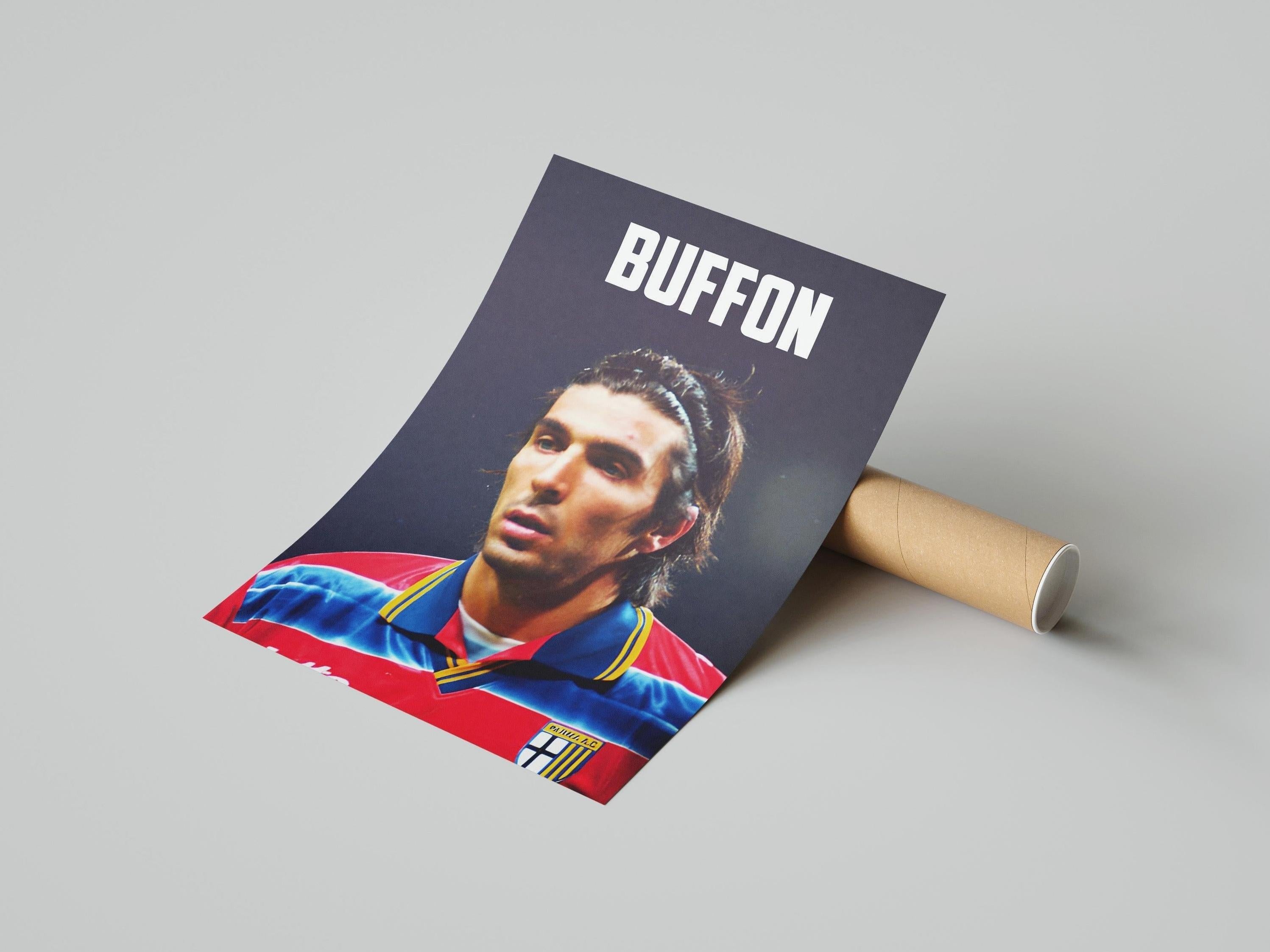 The Retro1999 Gianluigi Buffon x Parma Poster features the football icon in a red and blue jersey with a yellow collar, his name Buffon boldly printed—a must-have tribute to the legendary goalkeeper’s legacy.