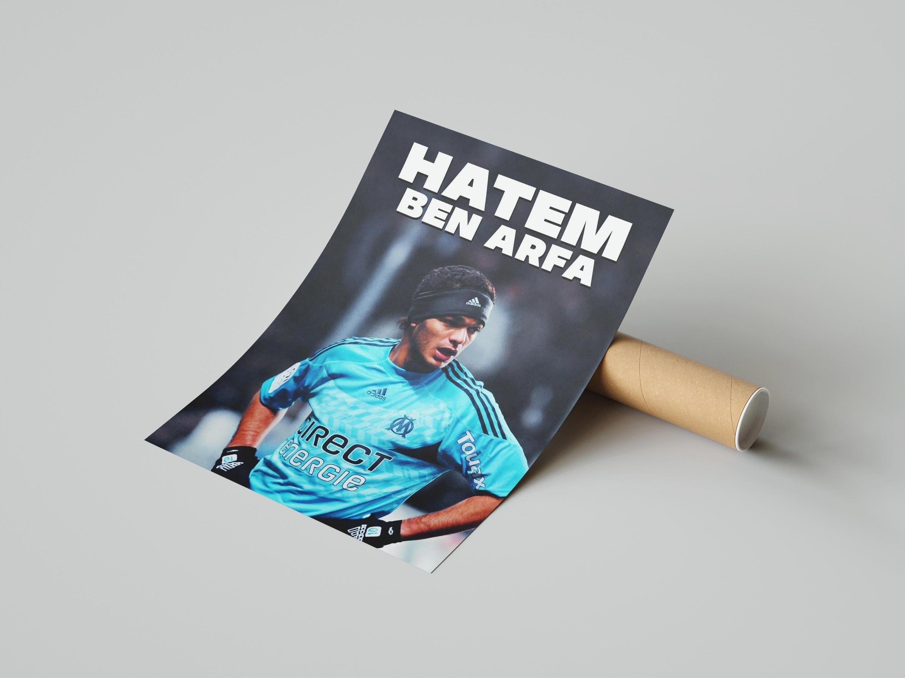 The Retro1999 Hatem Ben Arfa x Marseille Poster showcases the soccer star in action in a light blue jersey with HATEM BEN ARFA boldly above—an essential football collectible for fans.
