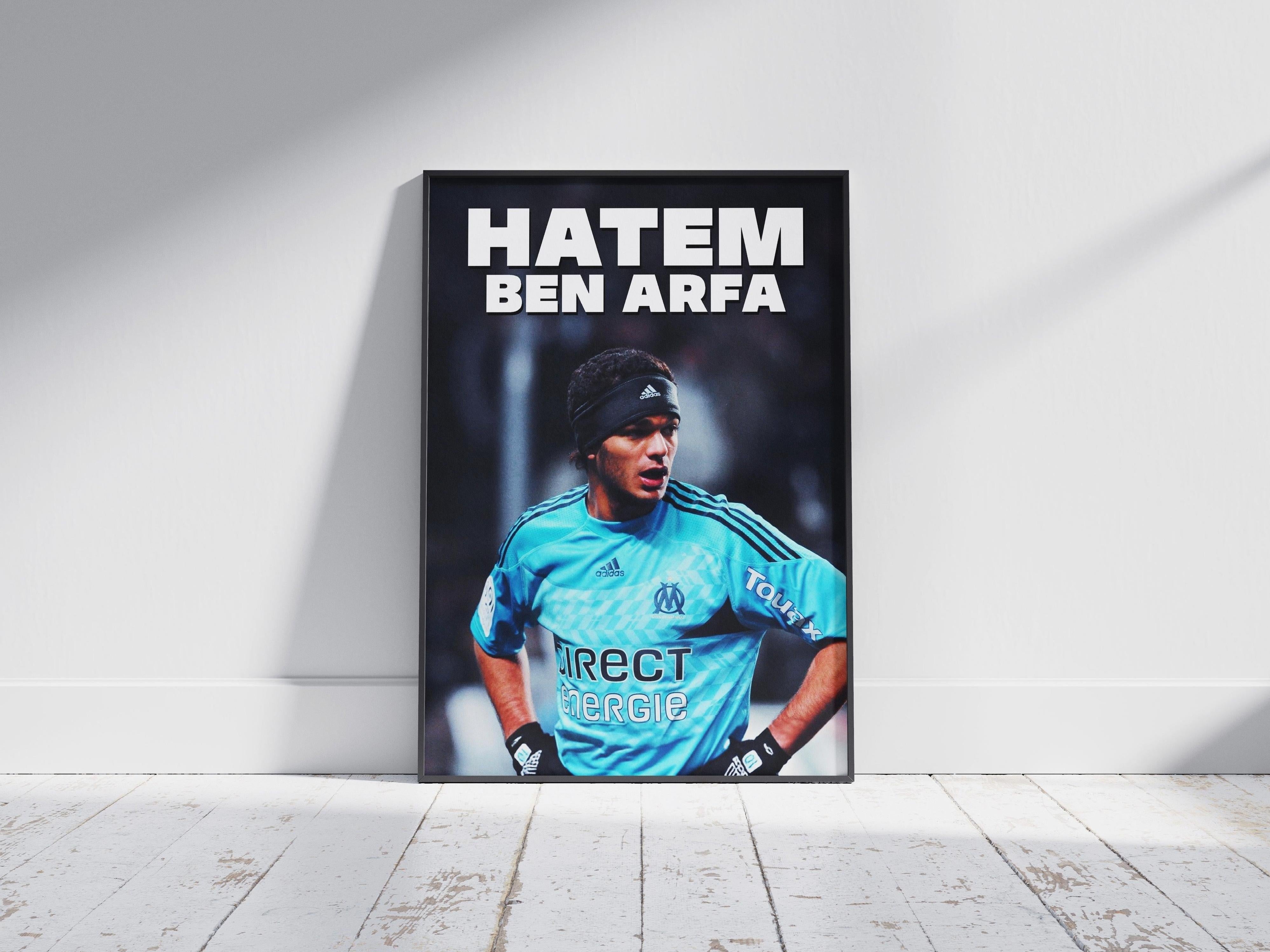 Retro1999s Hatem Ben Arfa x Marseille Poster shows Ben Arfa in a blue jersey and black gloves on a white floor, with HATEM BEN ARFA boldly above, celebrating his football history with Marseille.