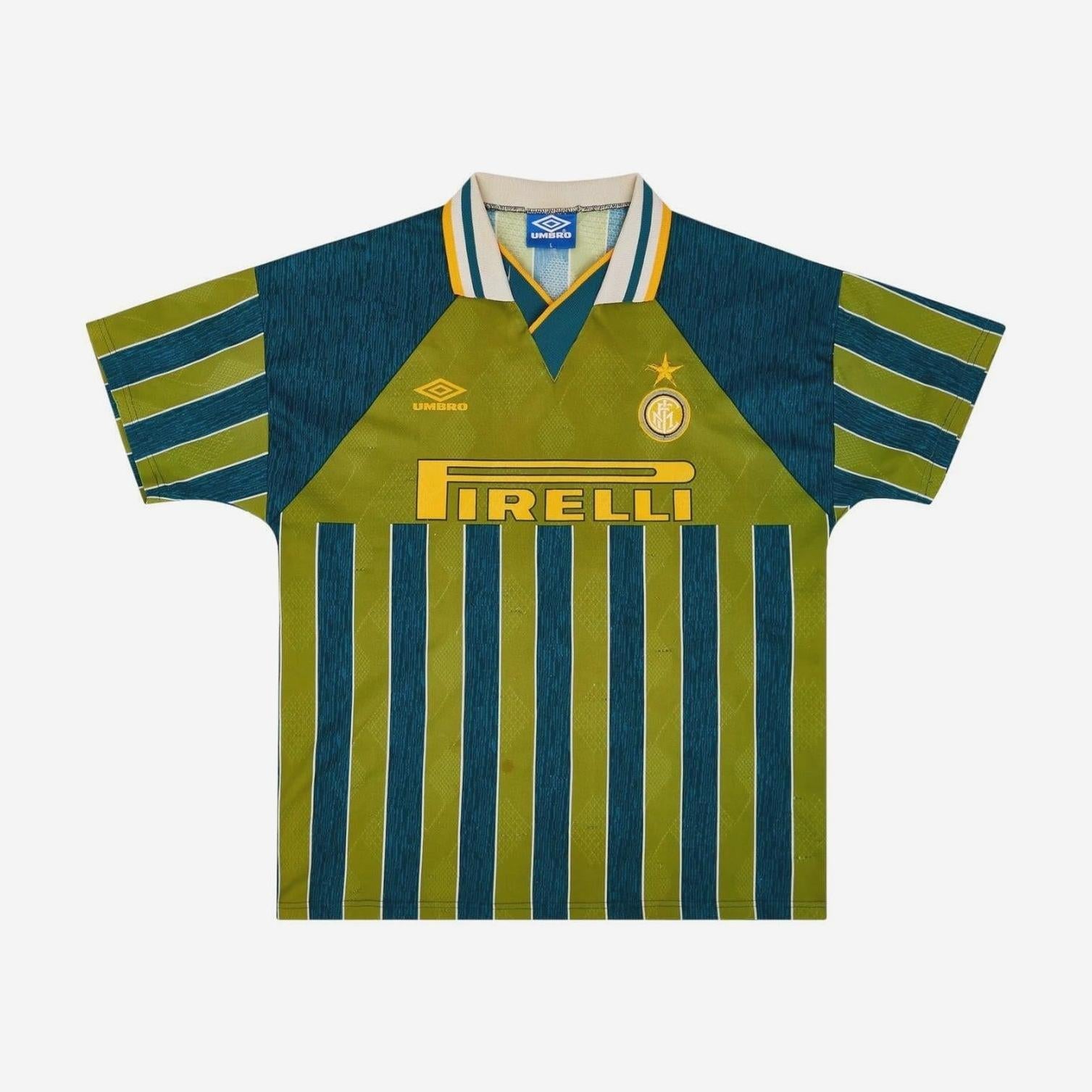 The Inter Milan 1995-96 Third Shirt by Retro1999 features green and blue vertical stripes, yellow accents, star and crest, Pirelli sponsor, and Umbro logo—ideal for Serie A fans seeking a classic retro style.