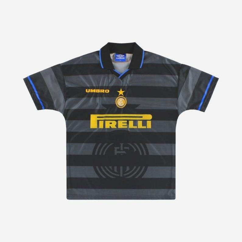 Inter Milan 1997-98 third shirt by Retro1999, featuring black and dark gray stripes, blue collar trim, yellow Pirelli sponsor, and club badge with gold star—a classic from their legendary UEFA Cup season.