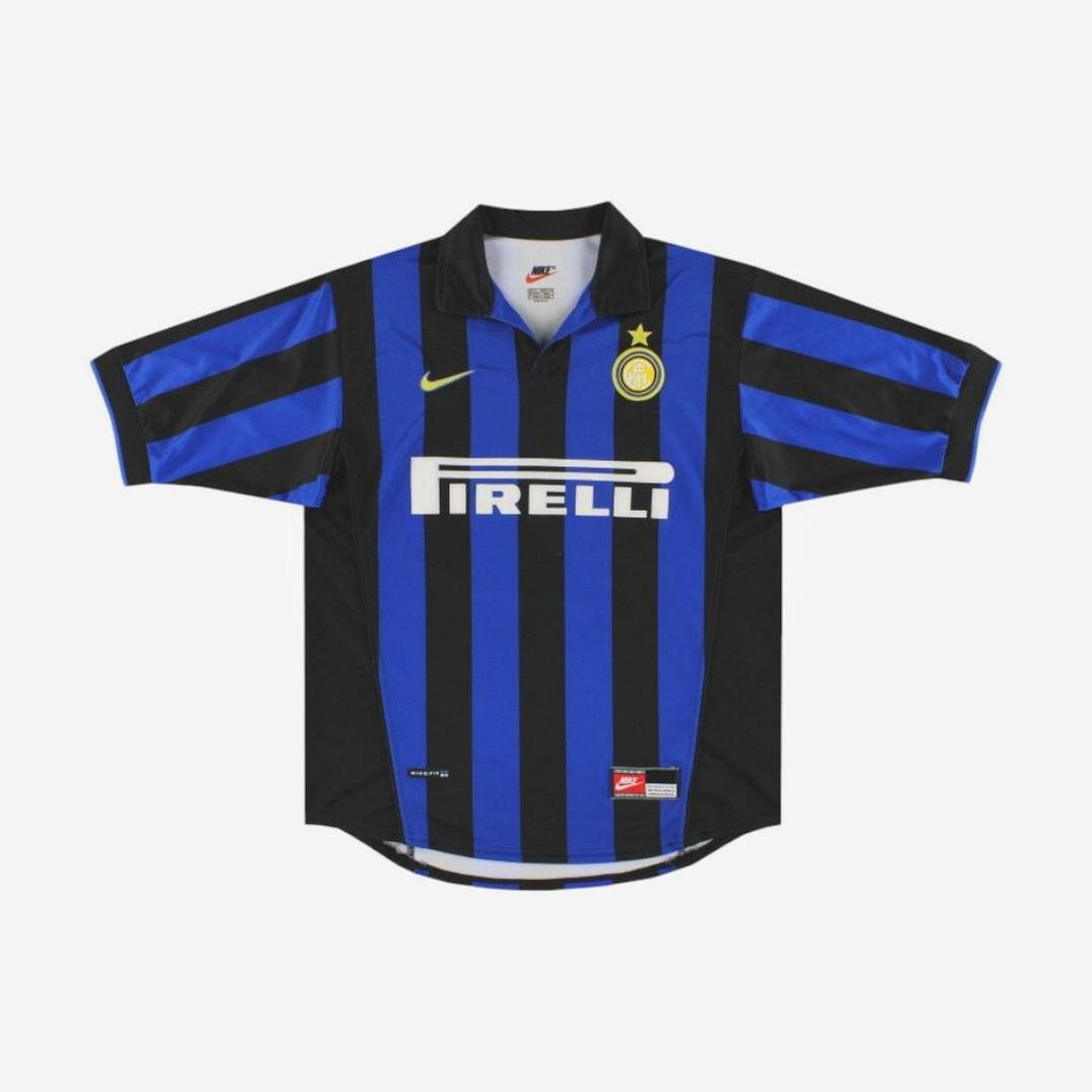 The Inter Milan 1998-99 Home Shirt by Retro1999 features blue and black stripes, a yellow Nike logo, Pirelli sponsor, and club badge—a classic Serie A retro kit—shown on a plain white background.