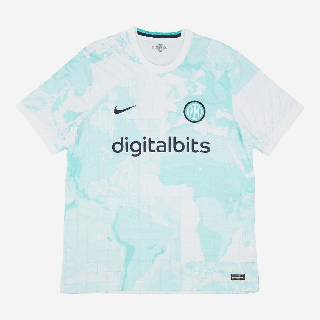 The Inter Milan 2022-23 Away Shirt by Retro1999 features a light teal and white world map design, Nike logo, club crest, and digitalbits sponsor text—a stylish retro kit perfect for any Serie A supporter.