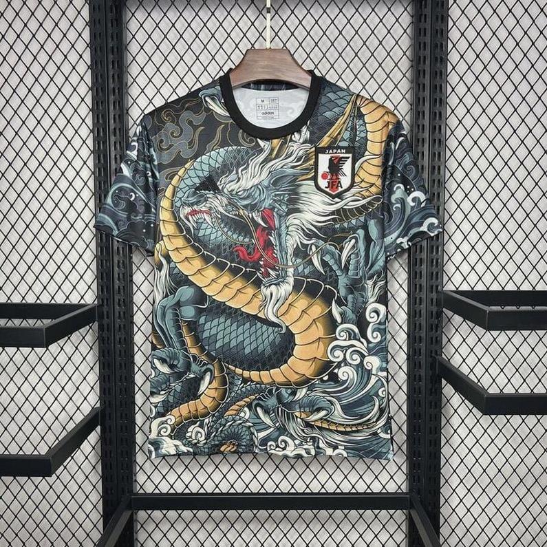 The Retro1999 Japan 2024 Year of The Dragon Special Edition Shirt, a short-sleeved tee with a vibrant dragon and swirling wave design, is showcased on a hanger against a metal grid background.