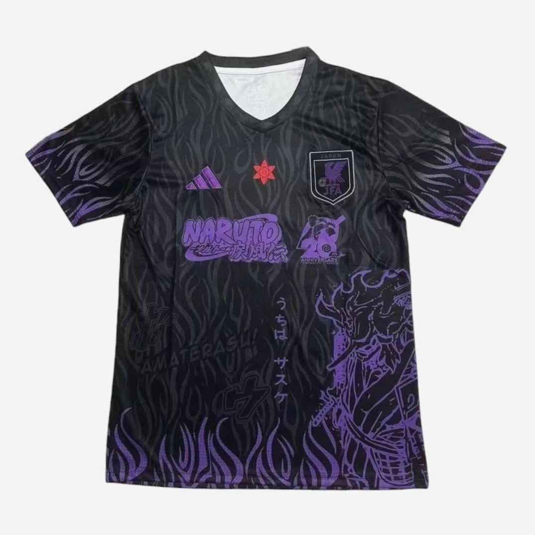 The Retro1999 Japan 2025-26 Naruto Special Edition Shirt is a black and purple soccer jersey with flame patterns, a Naruto graphic, Japanese text, emblems on the chest, and a red star inspired by Japanese culture.