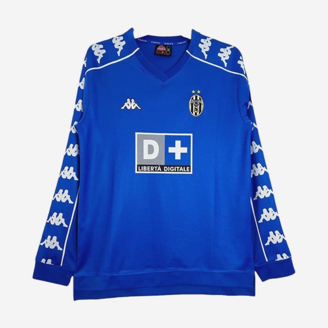 The Juventus 1999-00 Third Shirt Longsleeve by Retro1999 features a blue design with white Kappa logos, Juventus badge, and D+ Liberta Digitale sponsor—an iconic retro kit for football fans.