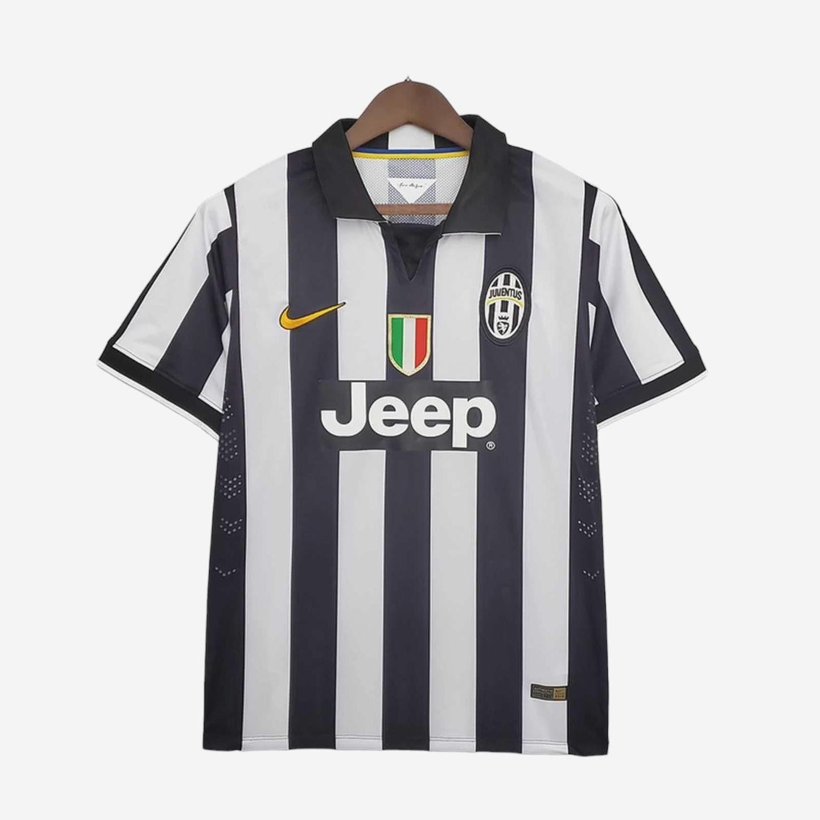 The Retro1999 Juventus 2014-15 Home Shirt features black and white stripes, a black collar, yellow Nike logo, Jeep sponsor, and team badge—an essential retro kit for any Juventus memorabilia collection.