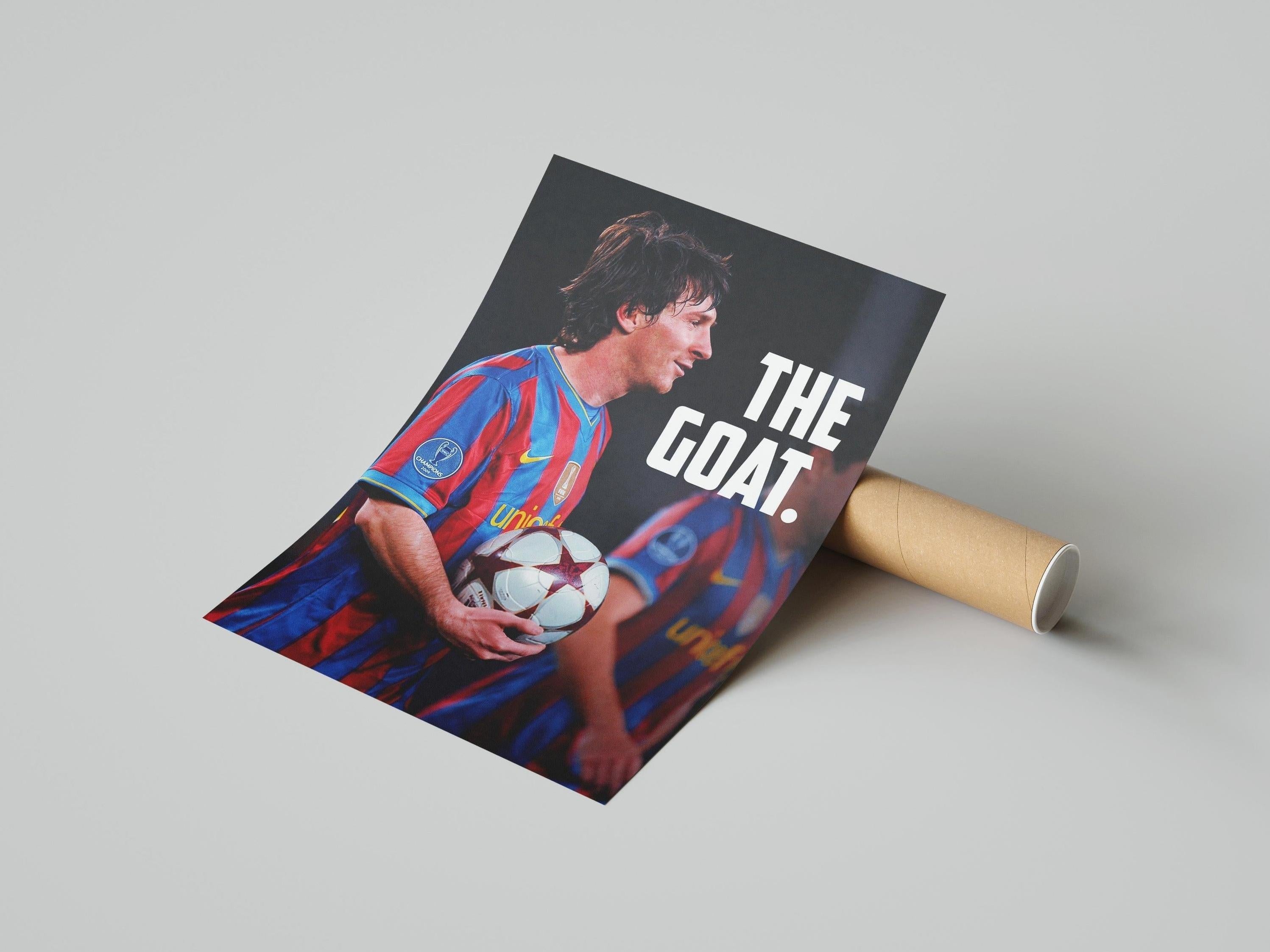 The Retro1999 Lionel Messi MOTM Poster showcases the soccer legend in a red and blue striped jersey holding a ball, with bold white THE GOAT text—a must-have for football collectors.