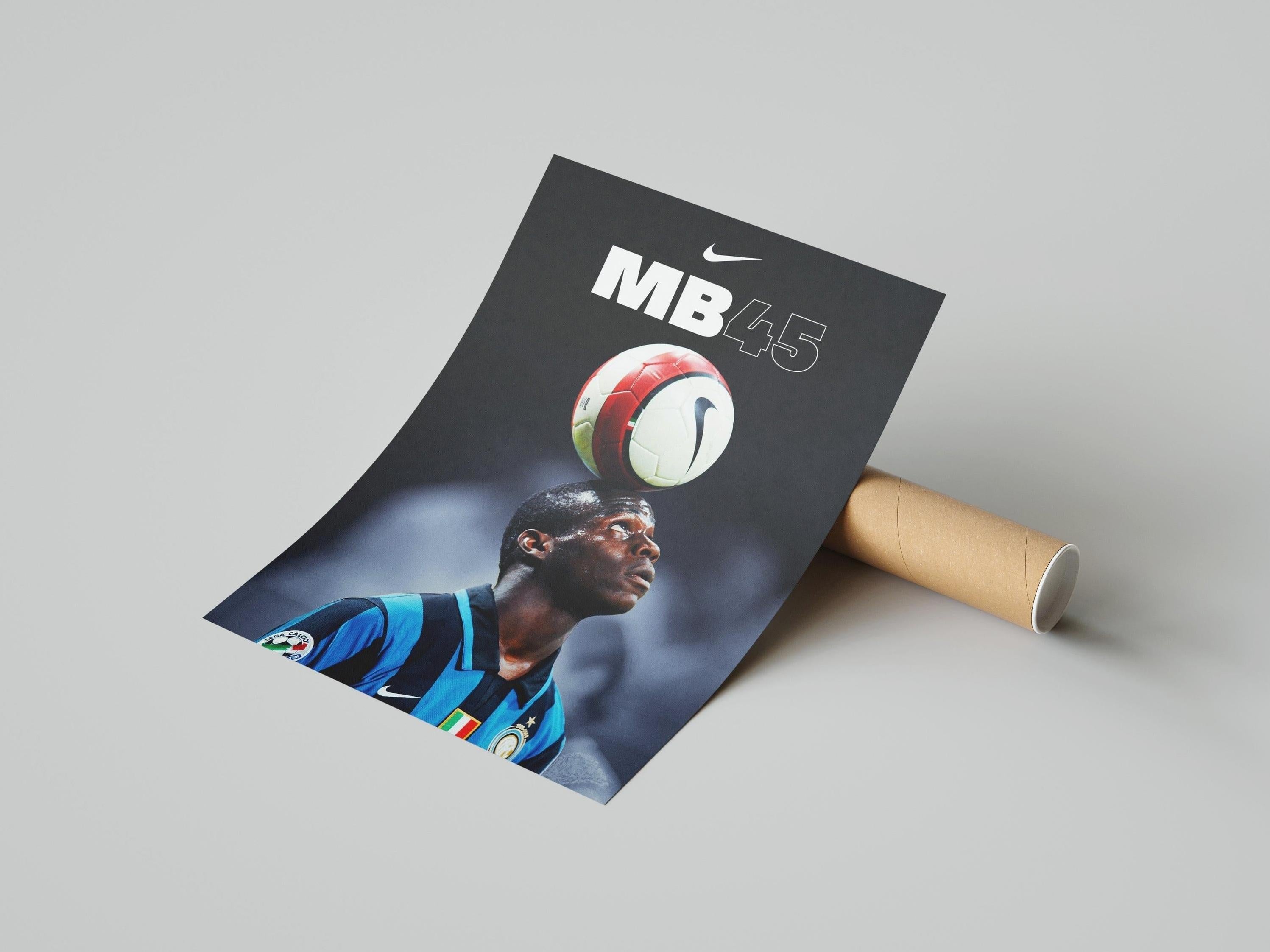 The Retro1999 Mario Balotelli Inter Milan Poster shows Balotelli in a blue and black jersey heading a ball, with MB45 and Nike logo above. This Serie A 2007-2008 collectible comes rolled beside a cardboard tube on a white surface.