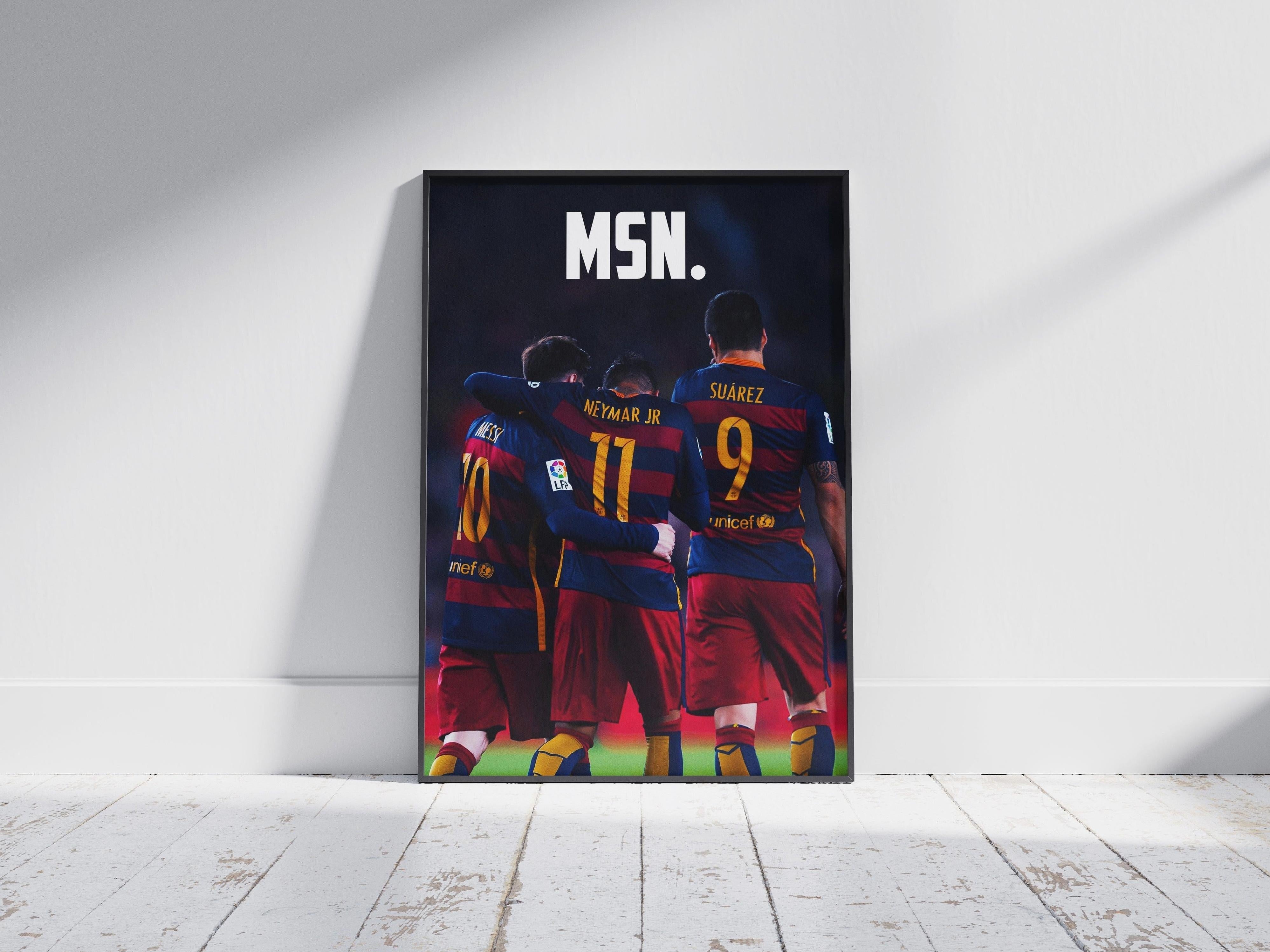 The Retro1999 Messi, Neymar, Suarez MSN Poster shows the three Barcelona stars (jerseys 10, 11, 9) from behind, arms around each other on a white floor with “MSN.” above them.