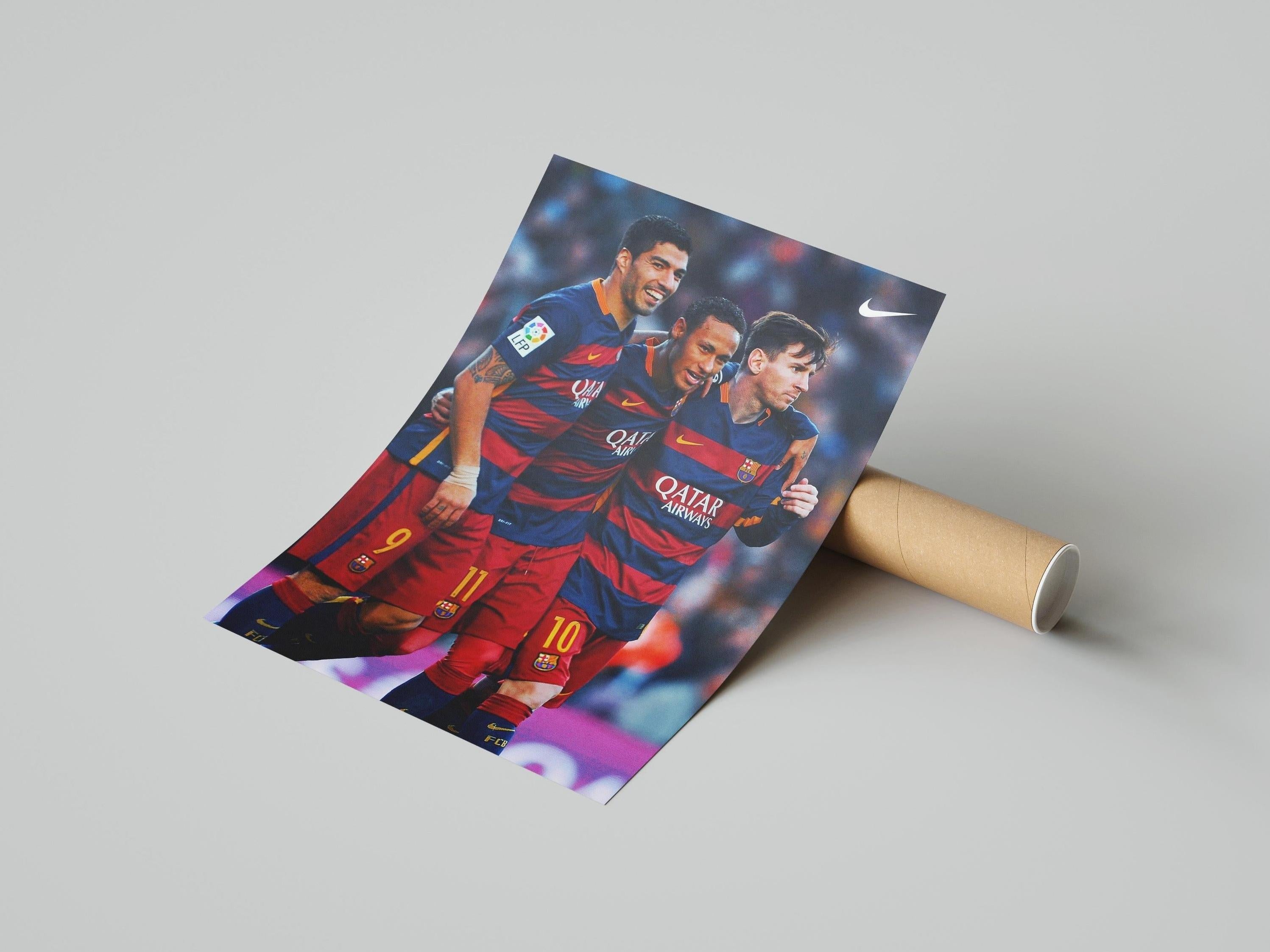 The Retro1999 Messi, Neymar, Suarez MSN Poster features the FC Barcelona trio in red and blue uniforms celebrating together on the field, pictured rolled up on a white surface.