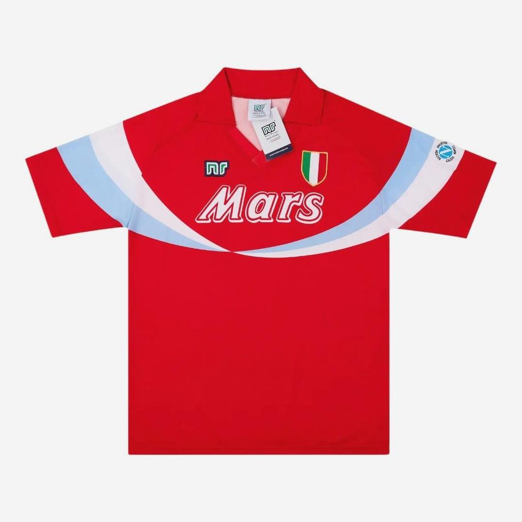 The Retro1999 Napoli 1990-91 Away Shirt is a red short-sleeve jersey with a white/light blue swoosh, Mars logo, retro patches, collar, and original labels—vintage-inspired for authentic style.