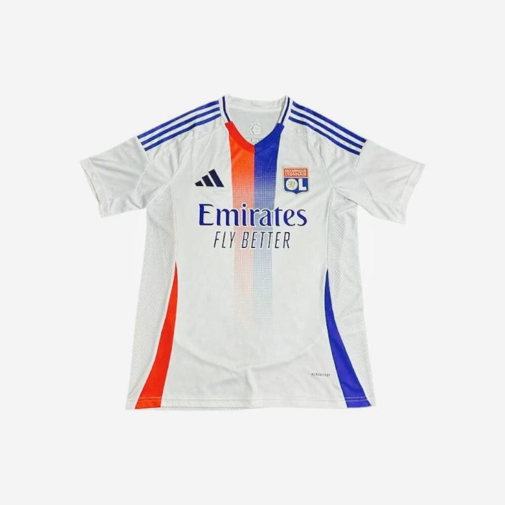 Get the Olympique Lyon 2024-25 Home Shirt by Retro1999—classic white with blue and red front stripes, blue adidas-style shoulders, Emirates Fly Better sponsor, and club badge—ideal for Ligue 1 fans who love a retro look.