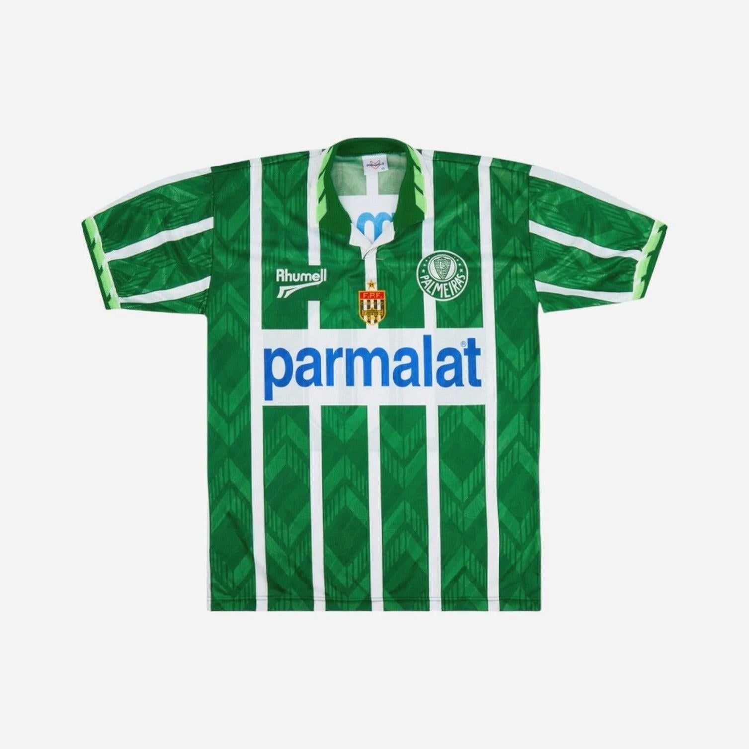 Retro1999 Palmeiras 1996 Home Shirt—green and white stripes, blue Parmalat sponsor, club crest left chest, yellow-red badge center; perfect for memorabilia collectors, shown on a white background.