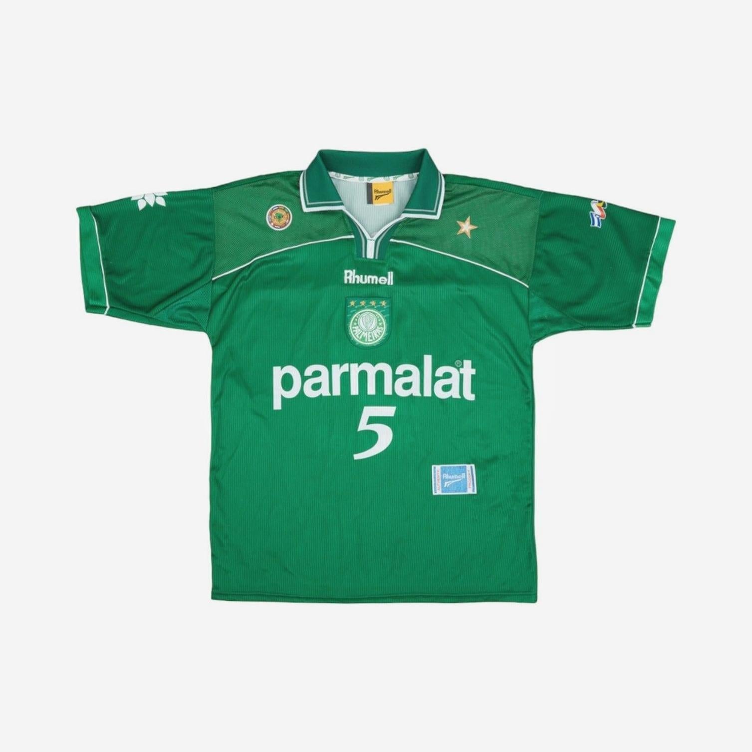 Retro1999 Palmeiras 1999 Libertadores Cup Champion Shirt—green with white trim, Parmalat logo, number 5, gold star team crest, white sleeve symbols and patch, plus collar and button neck; ideal for football fans.
