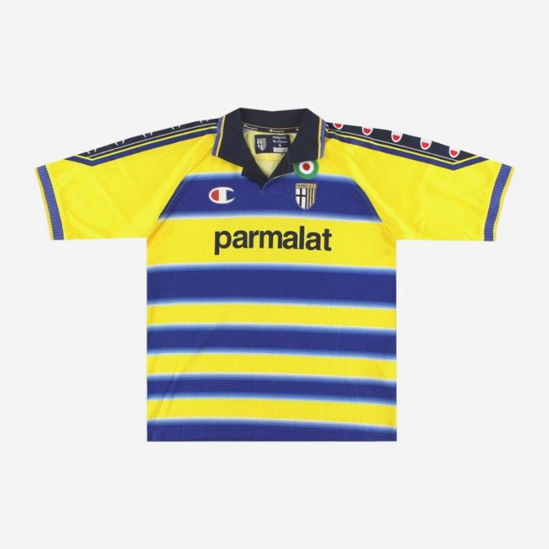 The Parma 1999-00 Home Shirt by Retro1999 features yellow and blue stripes, parmalat sponsor, Champion logo, club crest, and red and white shoulder accents, shown flat on a white background.