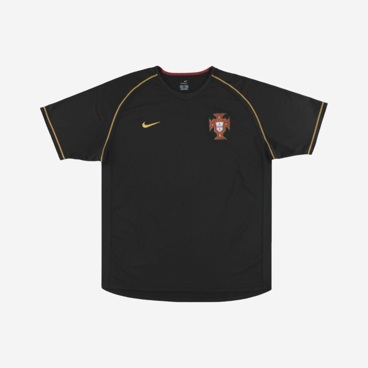 The Retro1999 Portugal 2006-08 Away Shirt is a black soccer jersey with gold trim, featuring a gold logo on the right chest and Portugals national crest on the left, inspired by the authentic retro design.