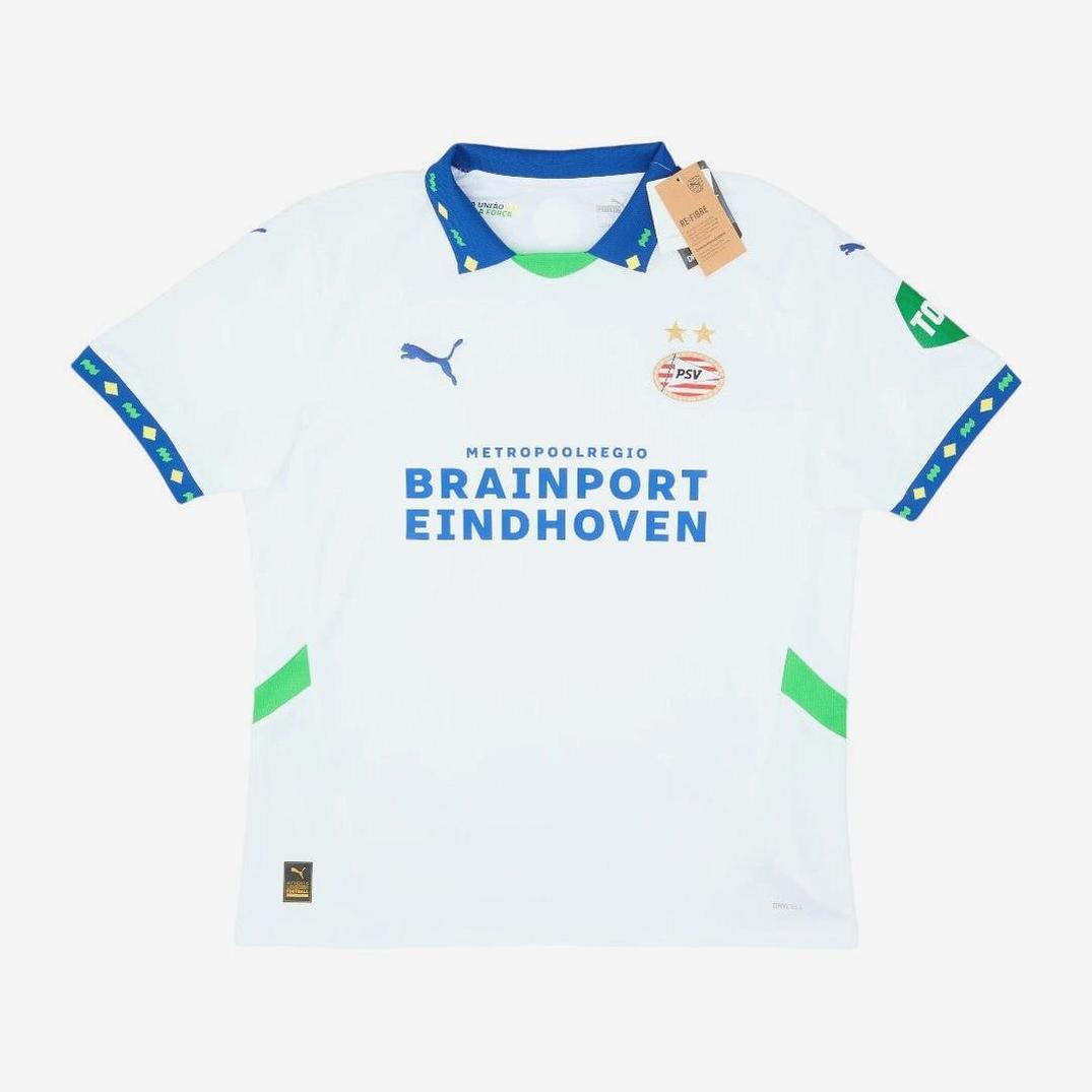 The Retro1999 PSV 2024-25 Third Shirt is a white soccer jersey with blue and green accents, Puma logo, BRAINPORT EINDHOVEN sponsor, club crest with two gold stars on the left chest, and an authentic design.