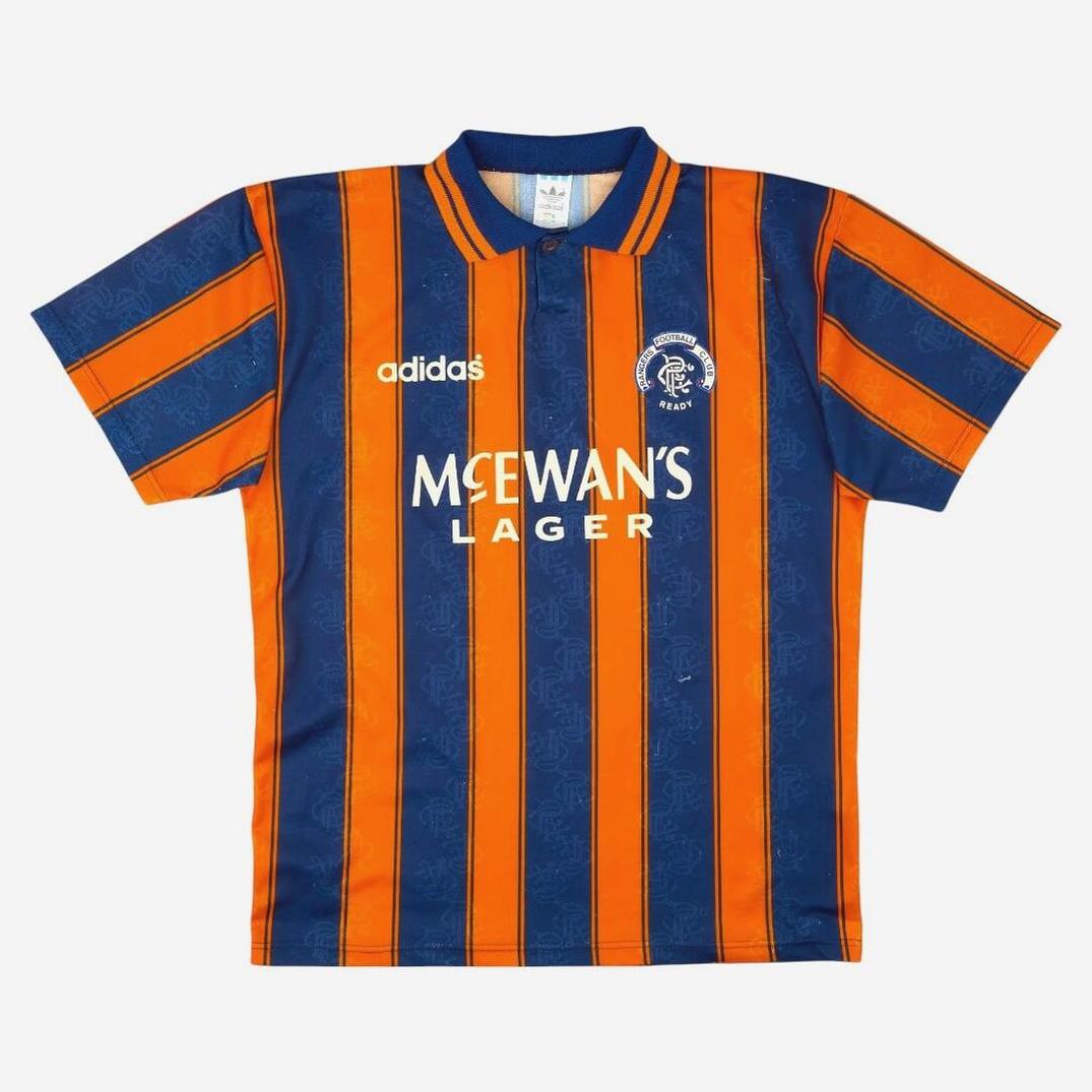 The Retro1999 Rangers F.C. 1993-94 Away Shirt features short sleeves, vertical orange and navy stripes, the Rangers FC crest, and McEwans Lager sponsor logo—a classic retro kit for true fans.