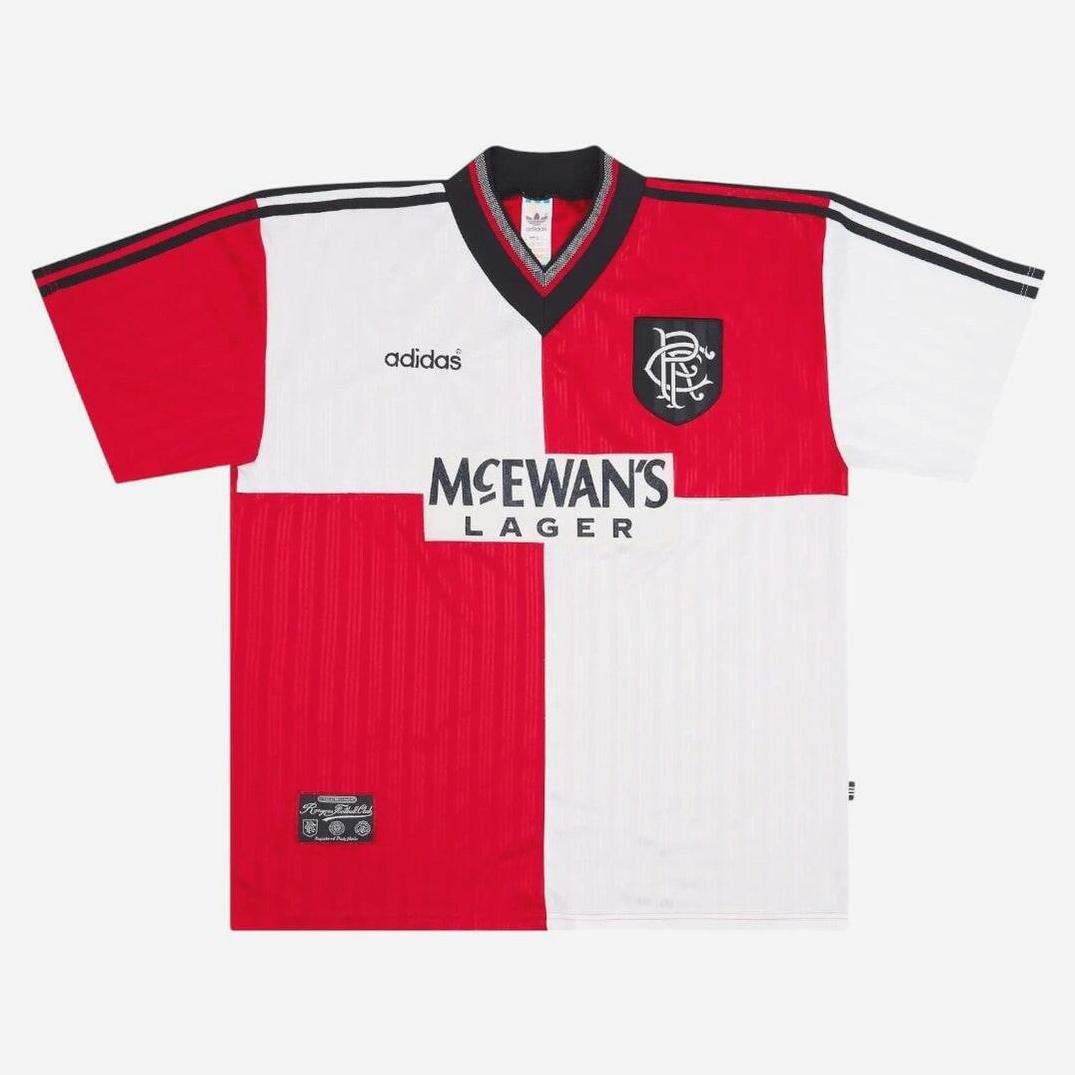 The Retro1999 Rangers F.C. 1995-96 Away Shirt features classic red and white quarters, black collar and shoulder stripes, club crest on the chest, and “McEwan’s Lager” sponsor across the front.
