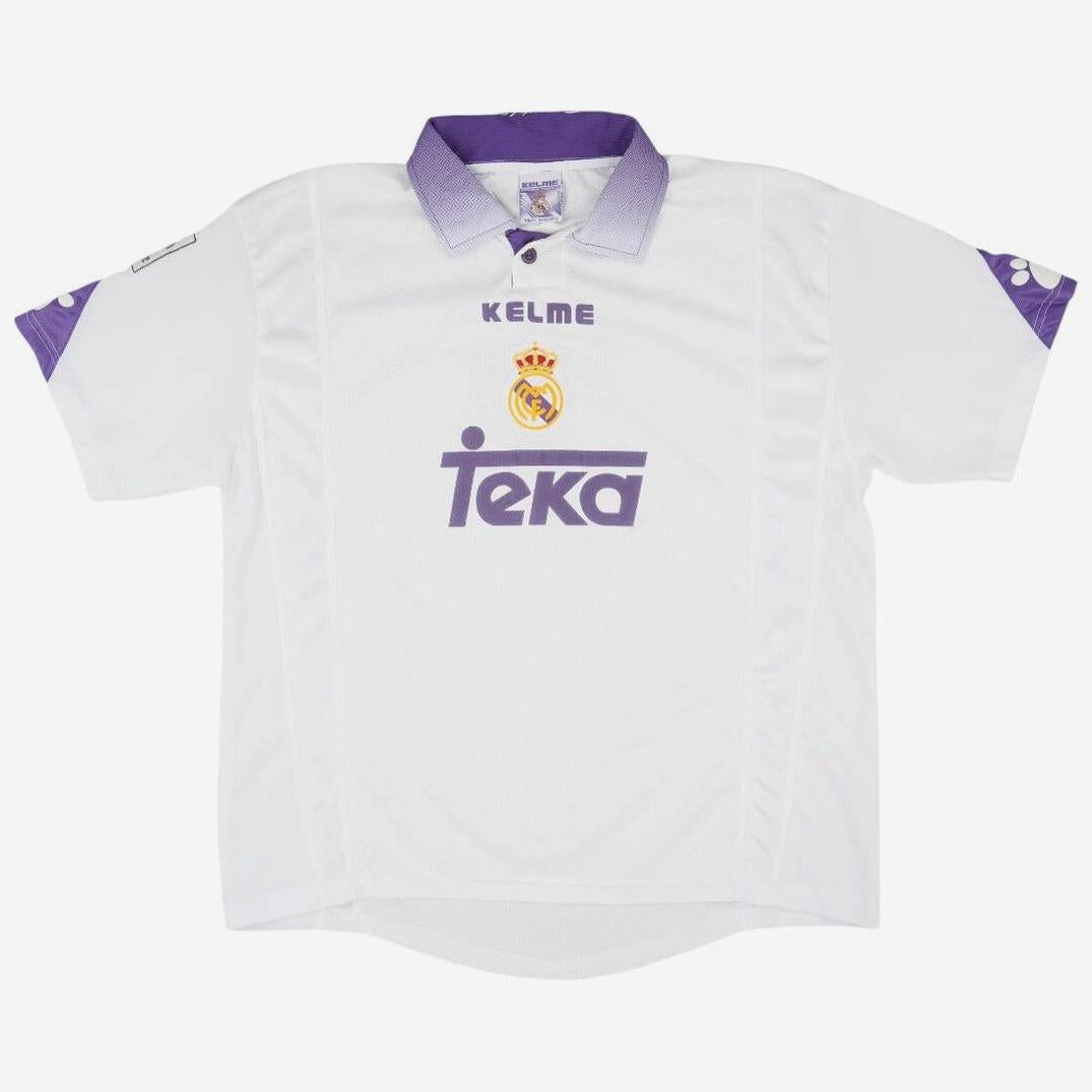 The Retro1999 Real Madrid 1997-98 Home Shirt is a white La Liga retro kit with purple accents, collared neck, short sleeves, Kelme logo, club crest, and TEKA sponsor.