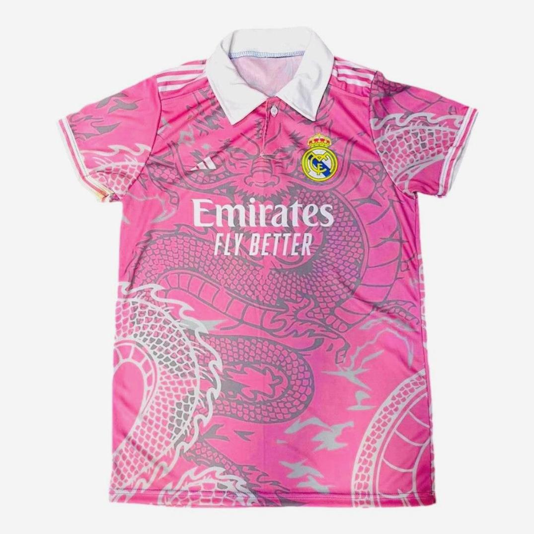 The Retro1999 Real Madrid 2024-25 Dragon Shirt features a pink design, white collar, bold dragon graphic, white shoulder stripes, and Emirates Fly Better on the chest—perfect for dedicated fans seeking a standout retro-inspired La Liga kit.
