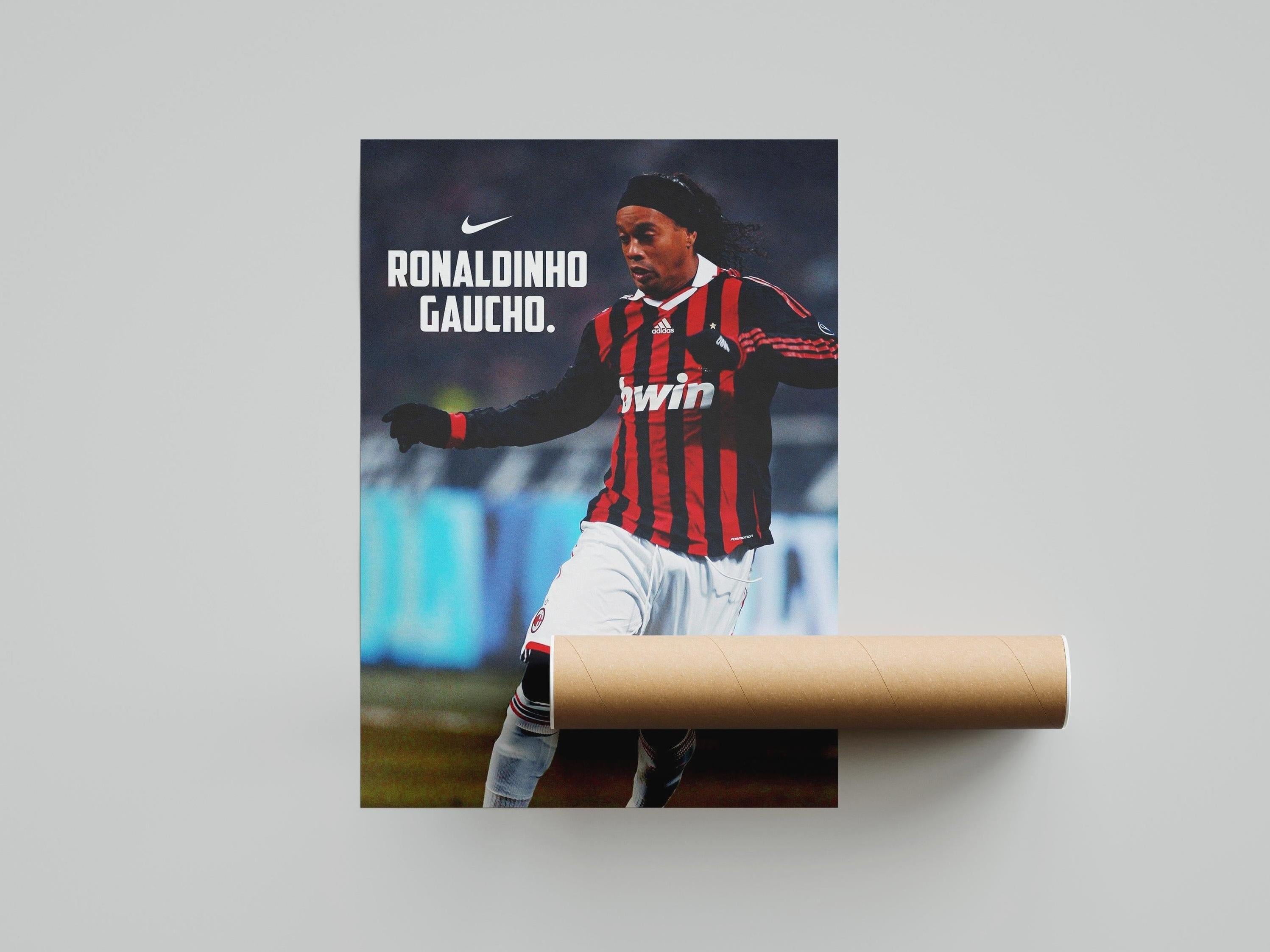 The Retro1999 Ronaldinho Gaucho x AC Milan Poster features the soccer legend in an AC Milan jersey with a Nike logo above. Ideal for collectors, the lower edge is partially covered by a cardboard tube.