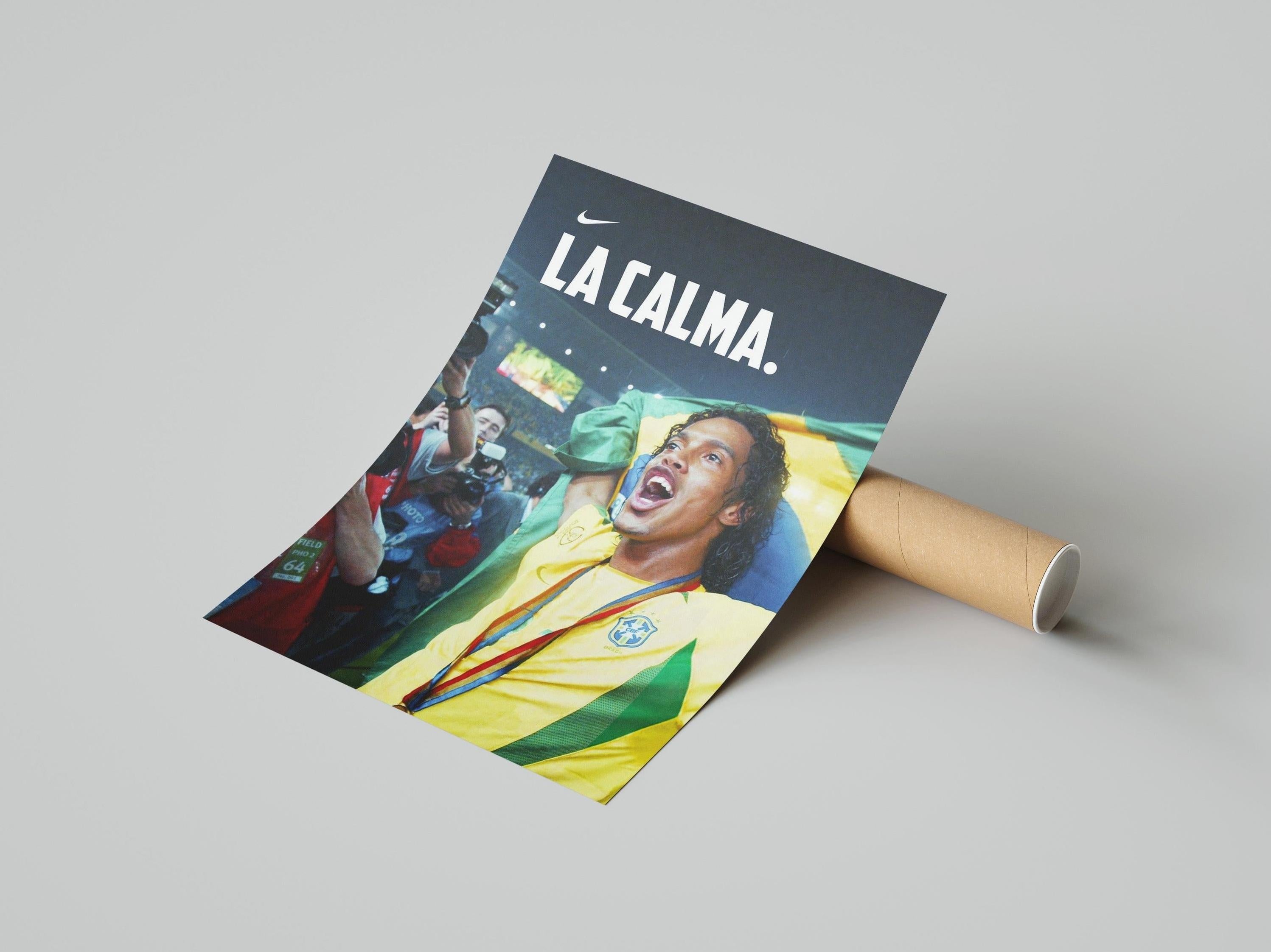 The Ronaldinho La Calma Poster by Retro1999 features the iconic Brazilian star celebrating in yellow, with LA CALMA. and a white Nike logo—perfect for any football memorabilia collection.