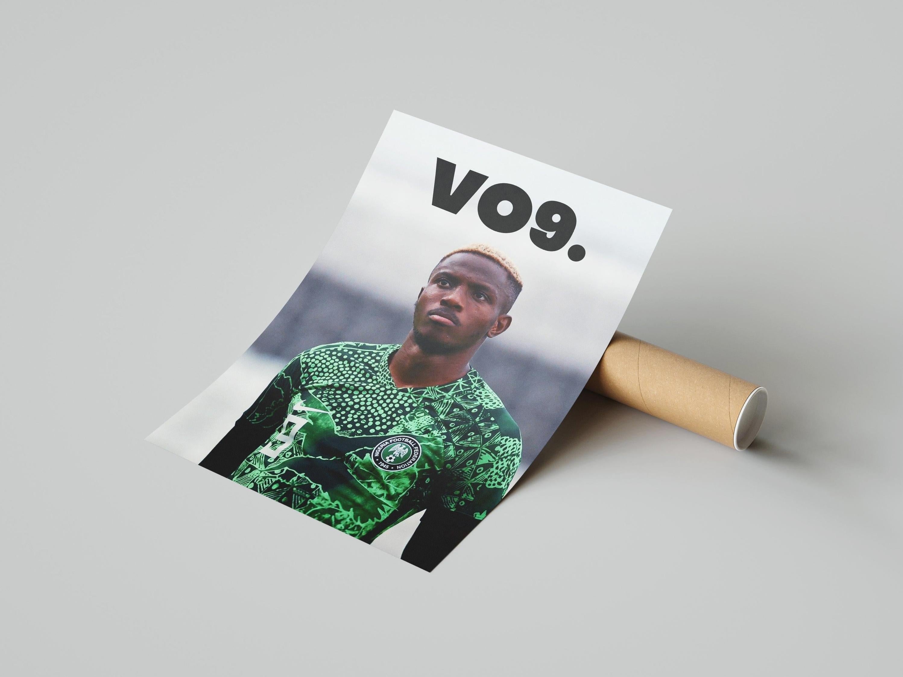The Victor Osimhen VO9 Poster by Retro1999 shows Osimhen in a green Nigeria jersey with VO9. above him, leaning on a brown cardboard tube against a light gray background—ideal for sports fans.
