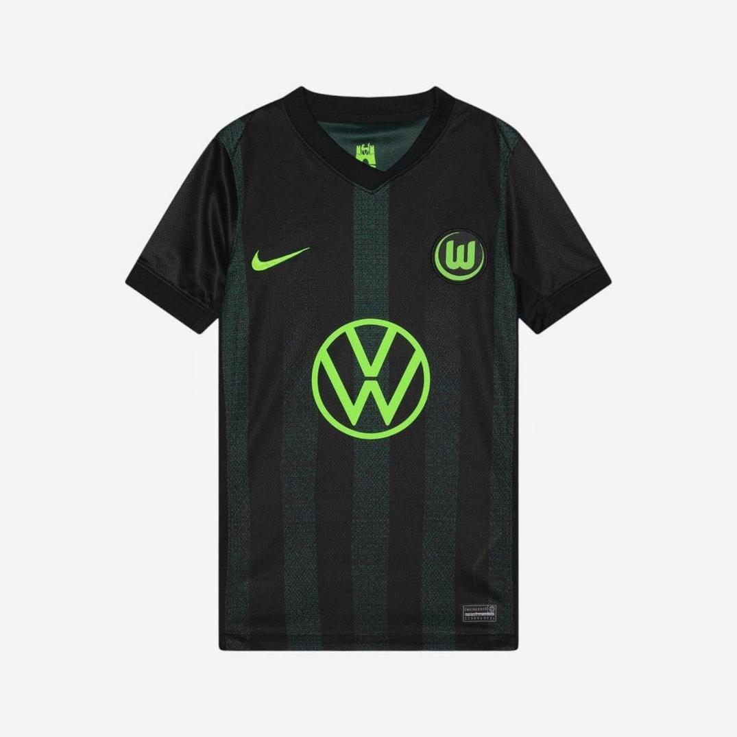 The Retro1999 Wolfsburg 2024-25 Away Shirt has black/dark green stripes, neon details, a circular W crest, Volkswagen logo, and a Nike logo. This Bundesliga kit features short sleeves and a V-neck.