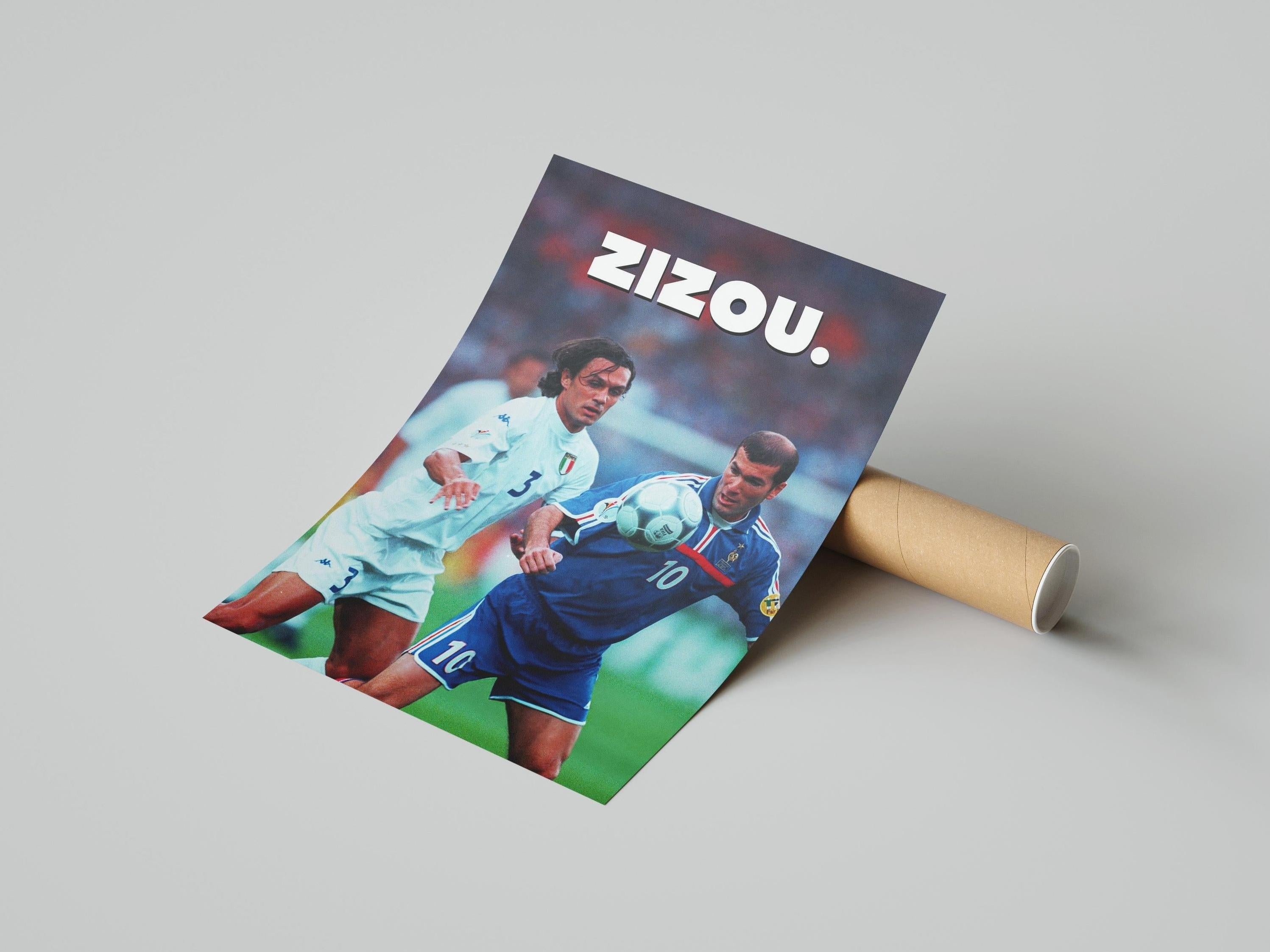 The Retro1999 Zinedine Zidane Zizou Poster shows two soccer players—one in blue (#10), one in white—with “ZIZOU.” at the top, making it perfect for UEFA Euro 2000 fans or Zidane collectors.